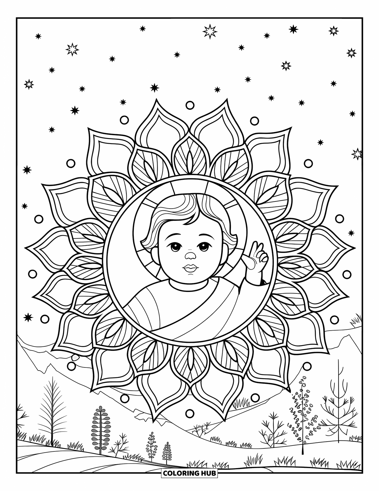Nativity Coloring Page for Adults: Baby Jesus is surrounded by soft mandala petals, stars, and leaves