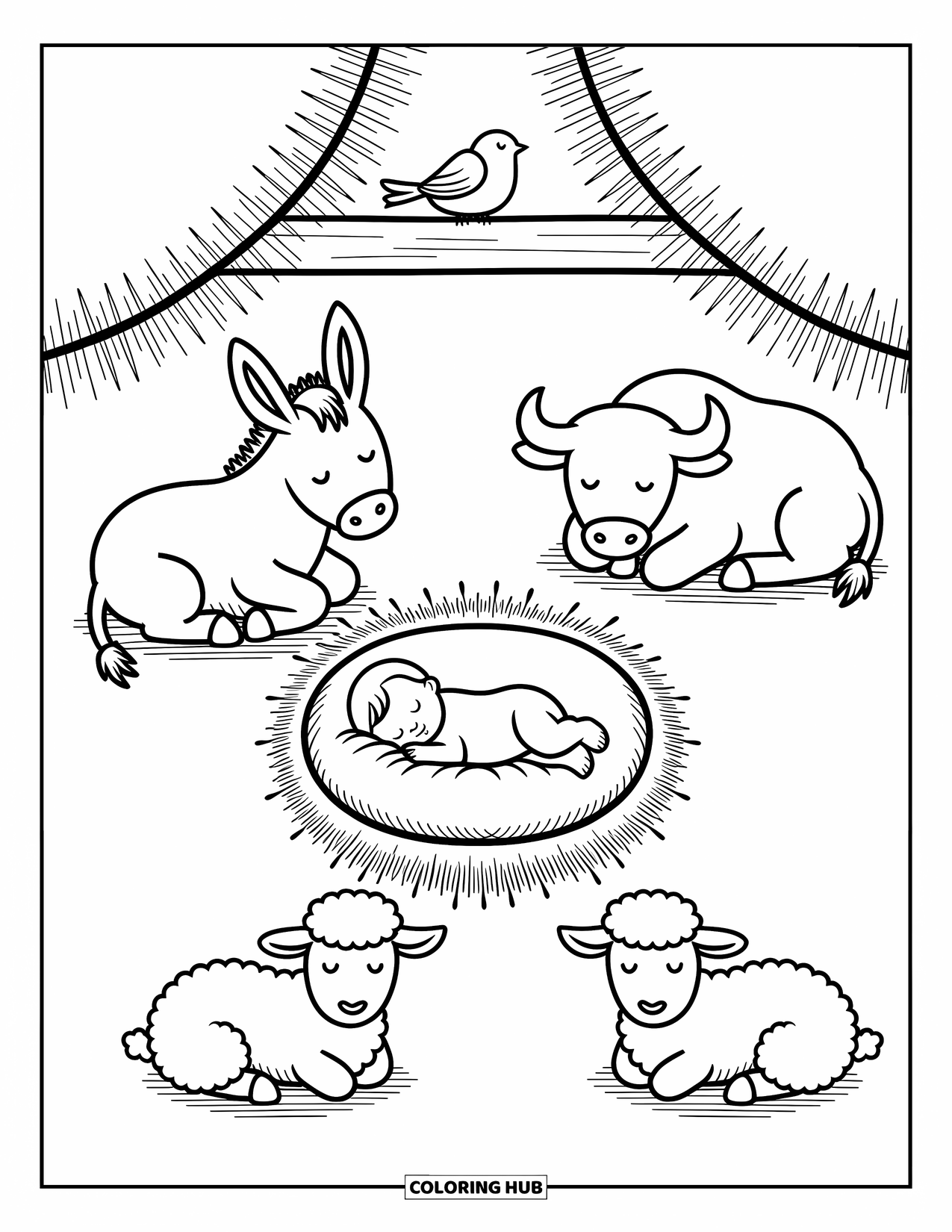 Nativity Coloring Page for Adults: Baby Jesus rests peacefully in a manger with a donkey, ox, and sheep nearby