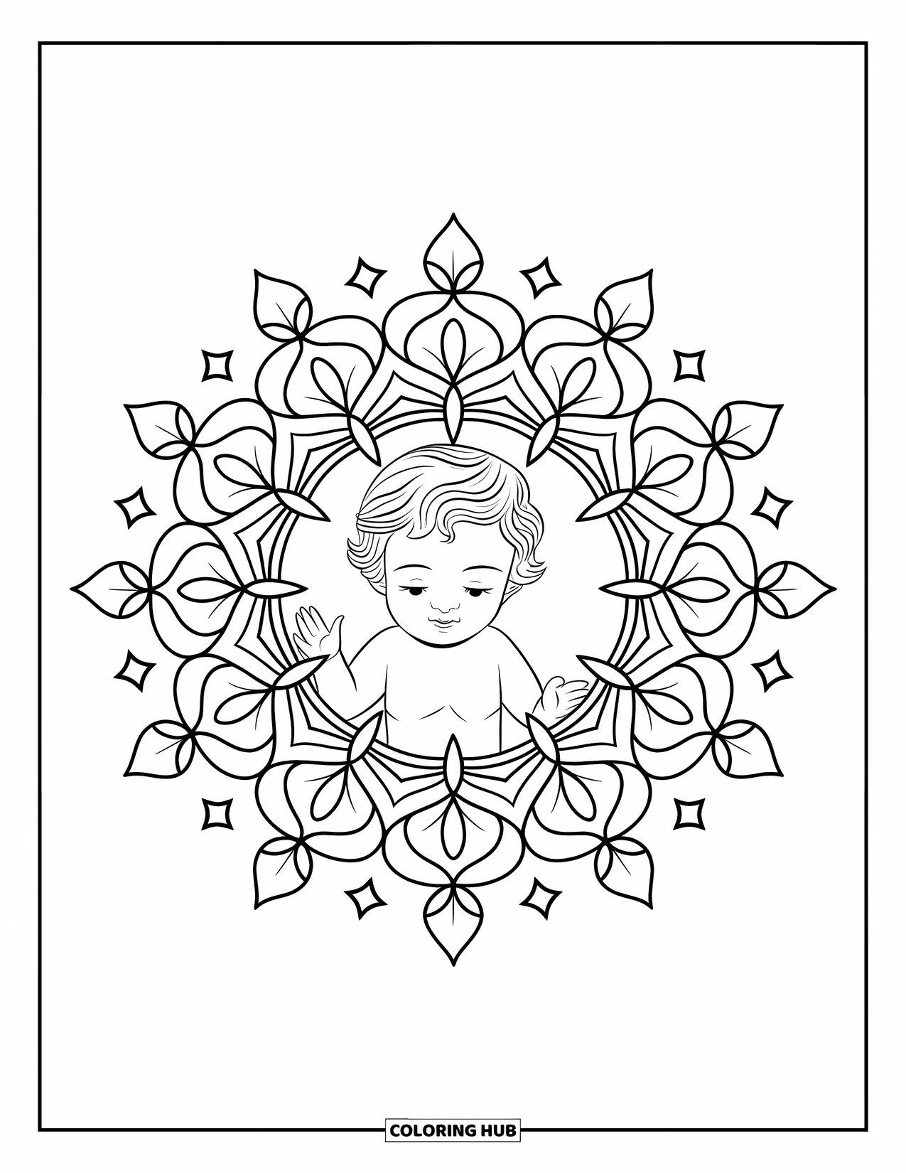 Nativity Coloring Page for Adults: Baby Jesus rests peacefully within a mandala of petals and stars
