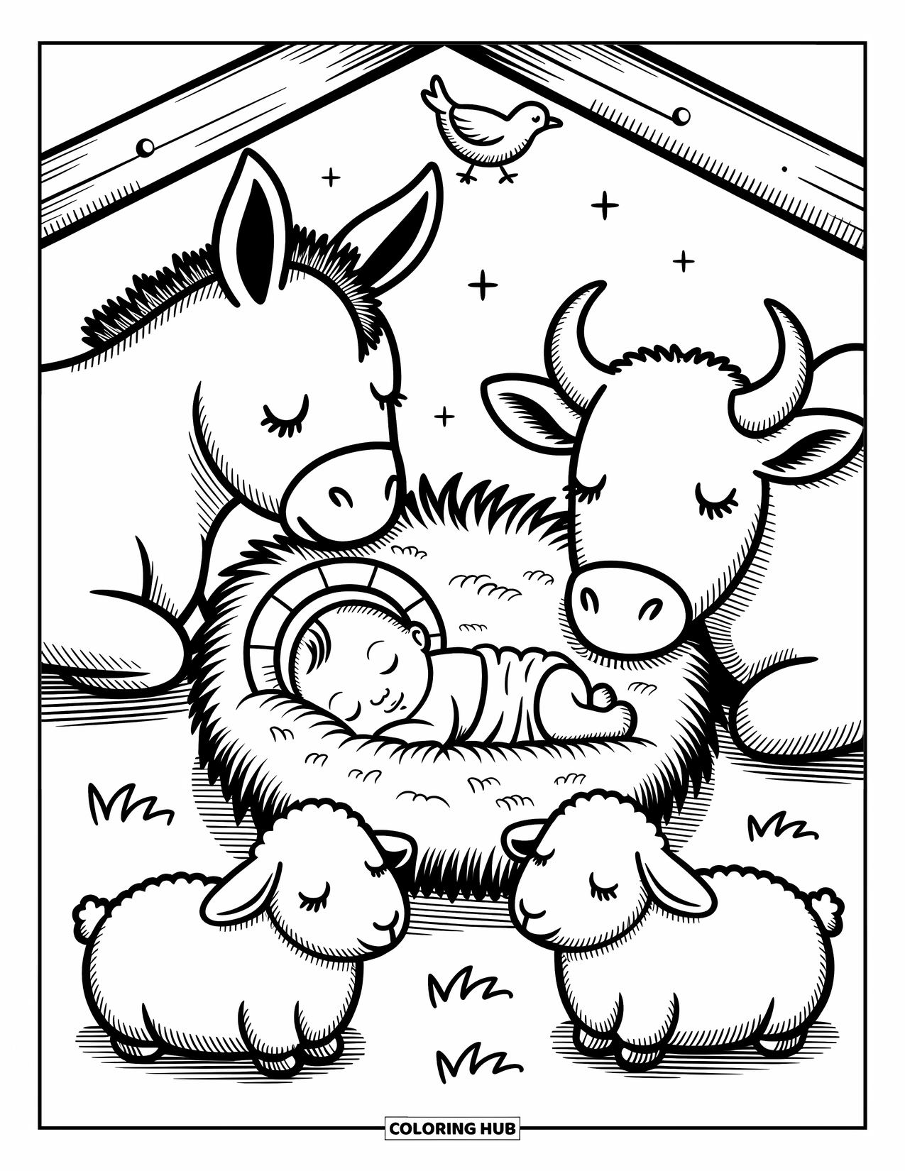 Nativity Coloring Page for Adults: Baby Jesus sleeps in a manger surrounded by peaceful animals and warm light