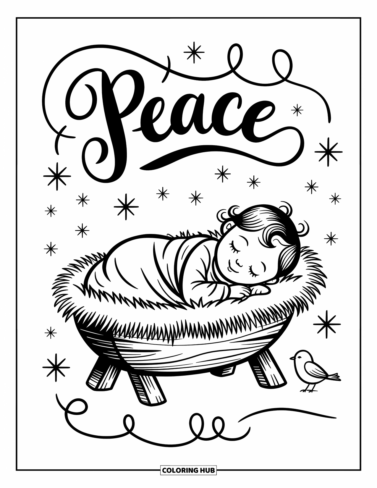 Nativity Coloring Page for Adults: Baby Jesus sleeps in a soft manger as a little bird sits quietly beside him