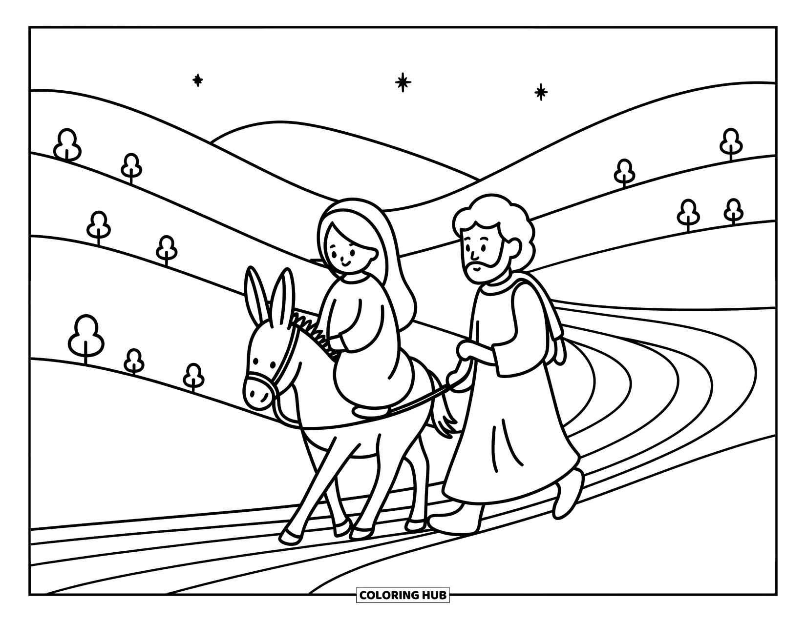 Nativity Coloring Page for Adults: Joseph guides a donkey carrying Mary across rolling hills under a softly glowing star