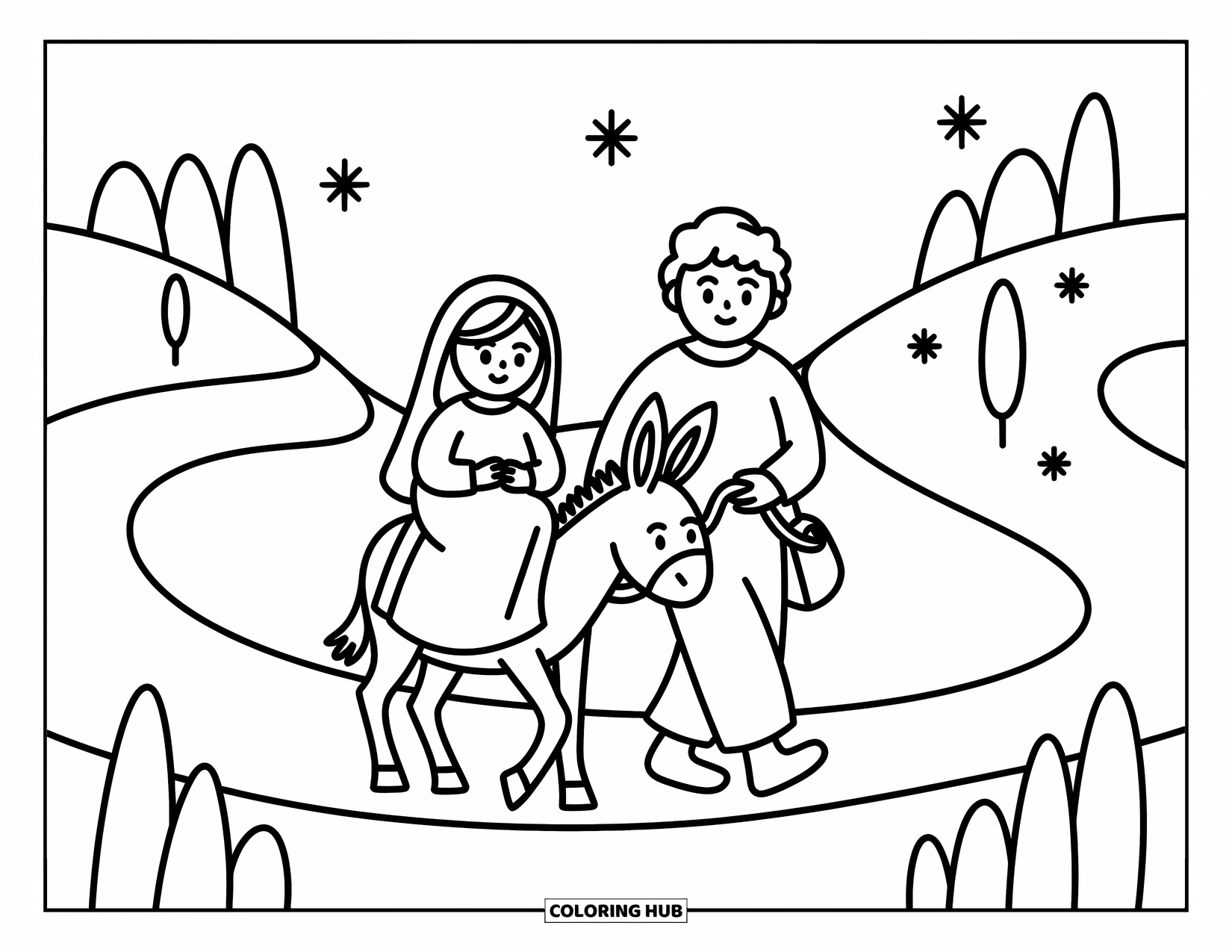 Nativity Coloring Page for Adults: Joseph walks ahead, leading Mary on a donkey toward Bethlehem beneath a warm night sky