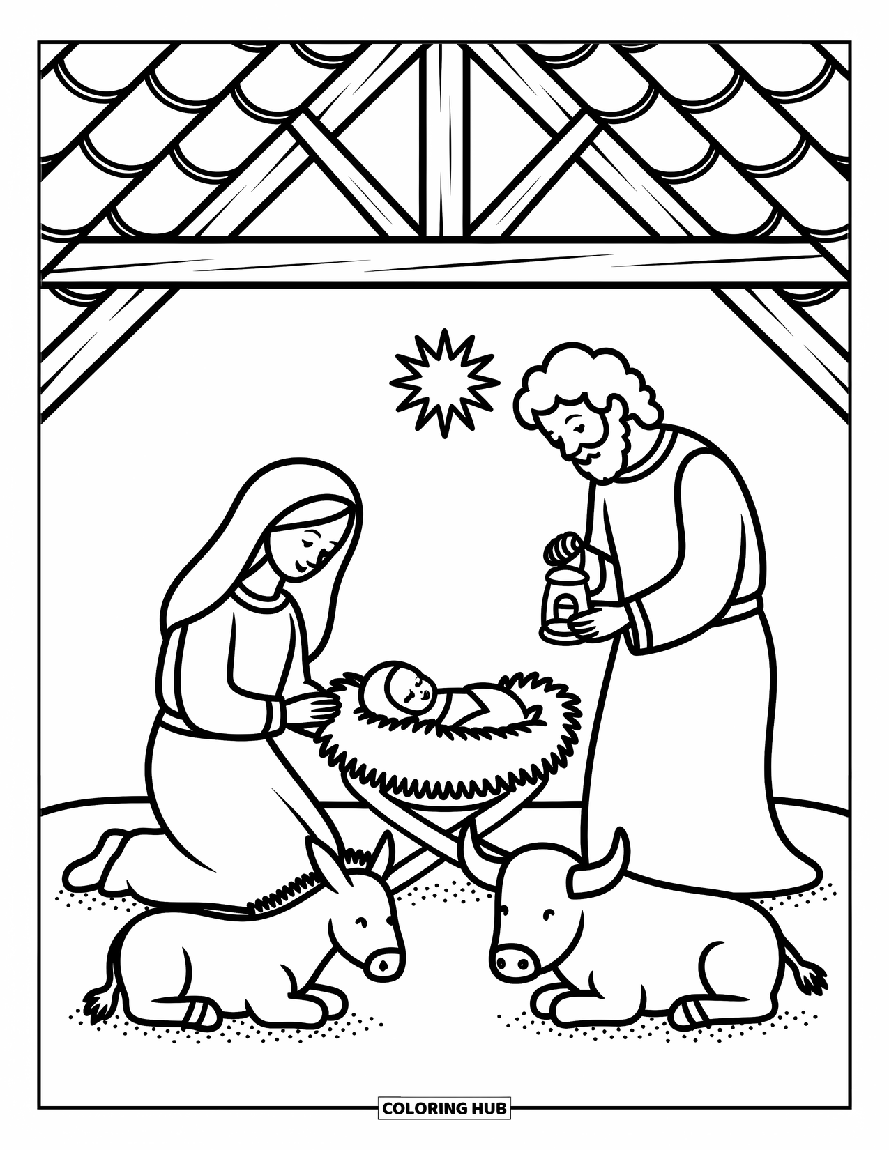 Nativity Coloring Page for Adults: Mary and Joseph rest with baby Jesus as a star shines gently above