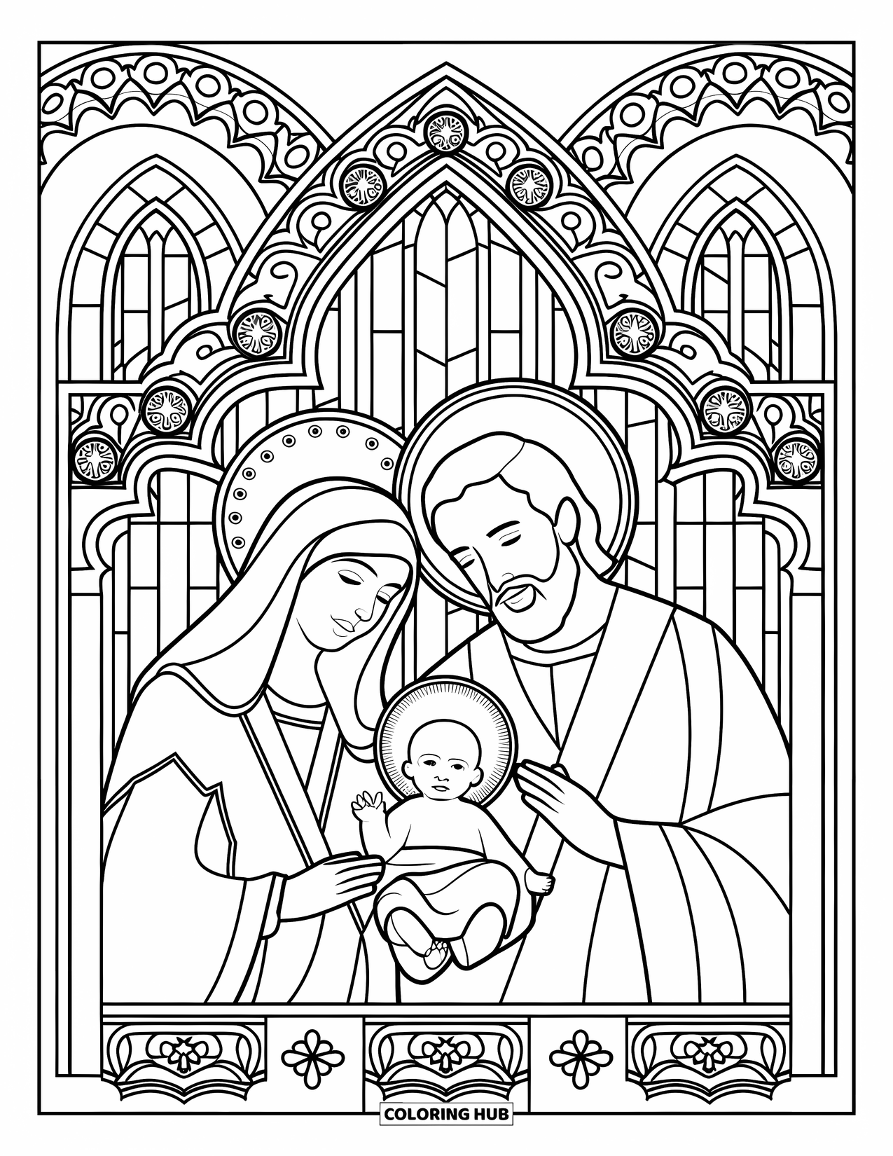 Nativity Coloring Page for Adults: Mary and Joseph with baby Jesus appear inside a patterned church arch