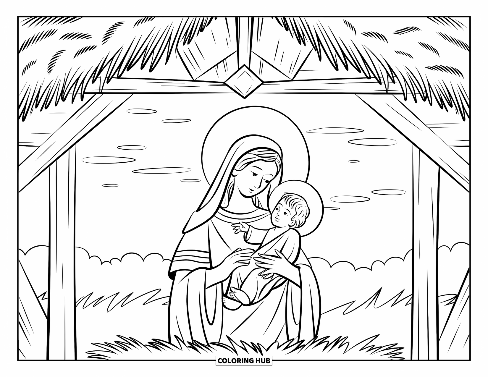 Nativity Coloring Page for Adults: Mary cradles baby Jesus inside a wooden stable under soft floral arches