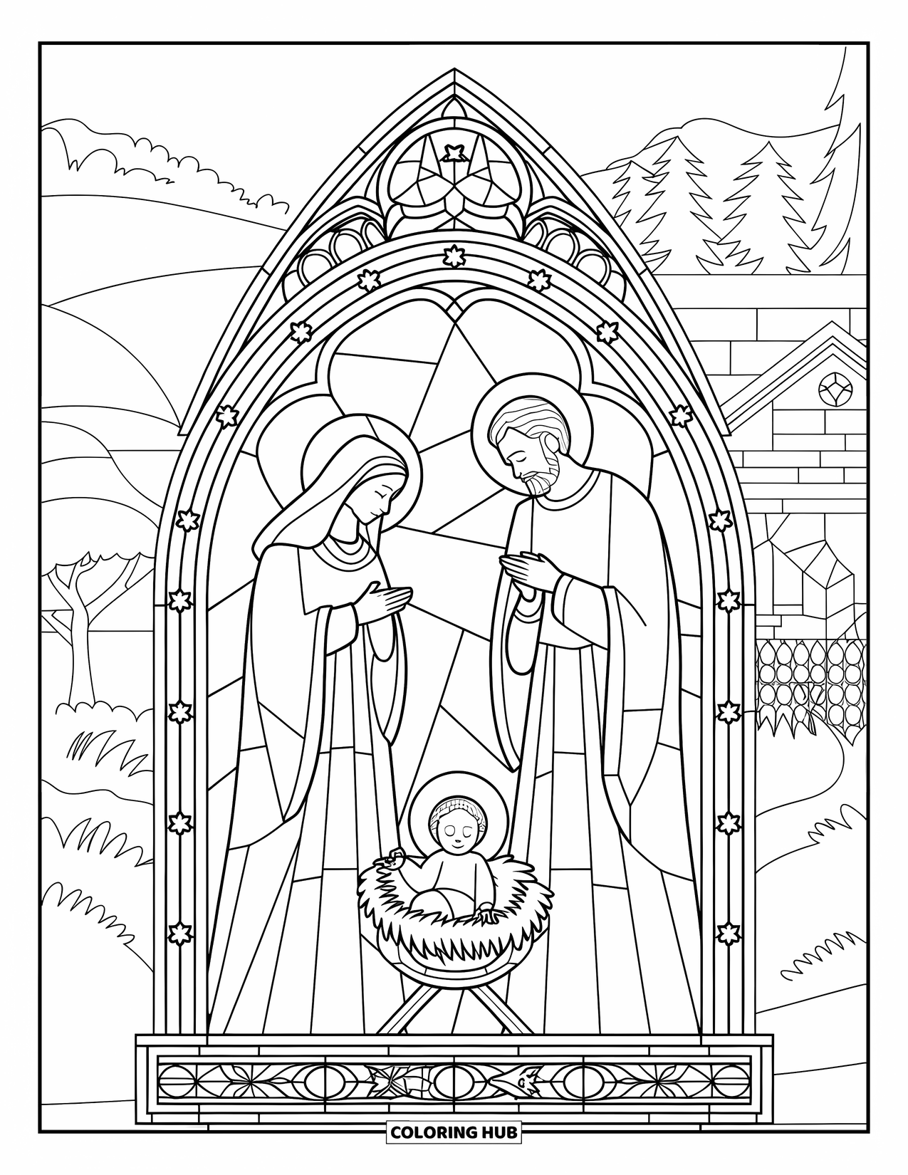 Nativity Coloring Page for Adults: Mary, Joseph, and baby Jesus stand beneath a decorated arch of symbols