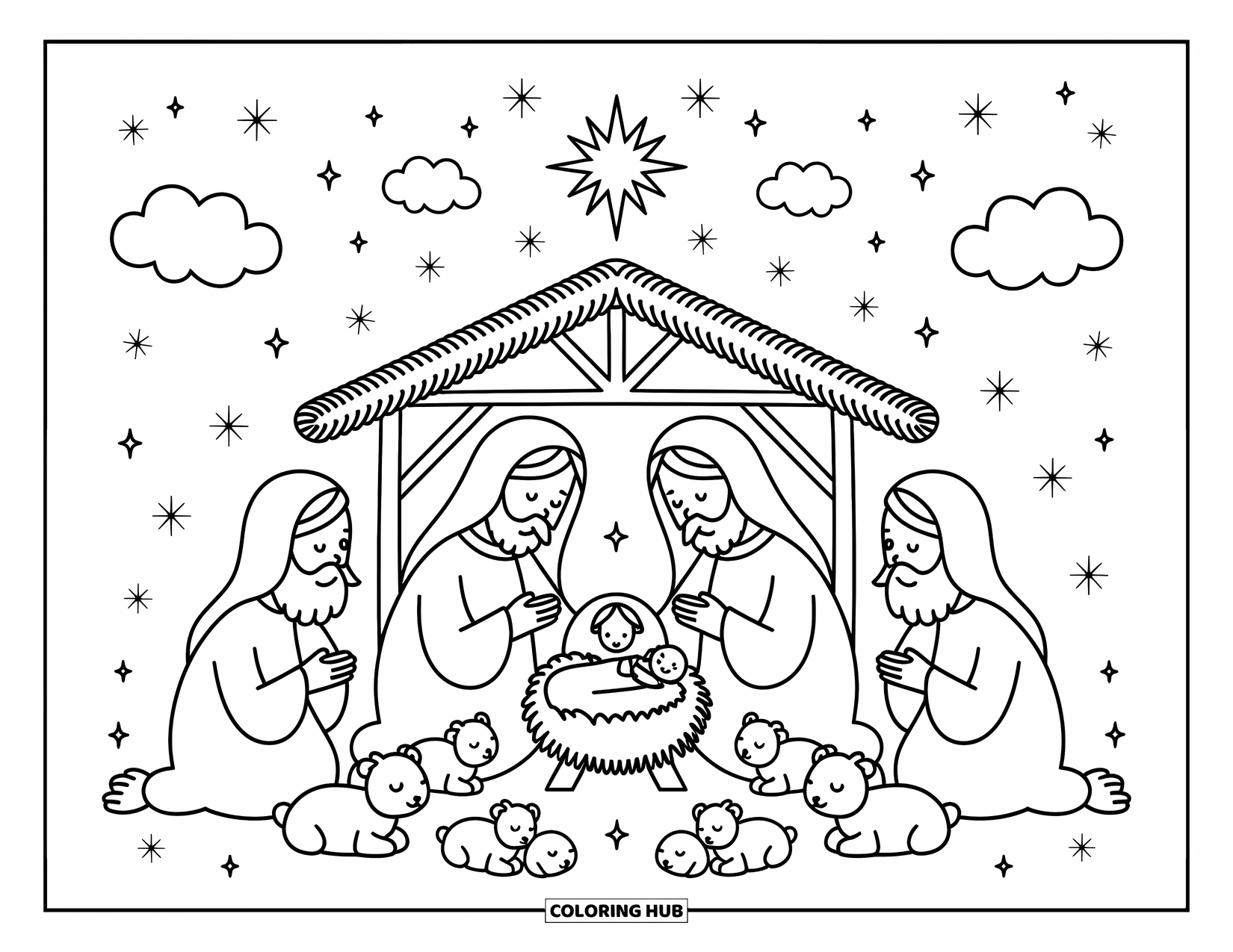 Nativity Coloring Page for Adults: Mary, Joseph, baby Jesus, and gentle animals rest together under a glowing star