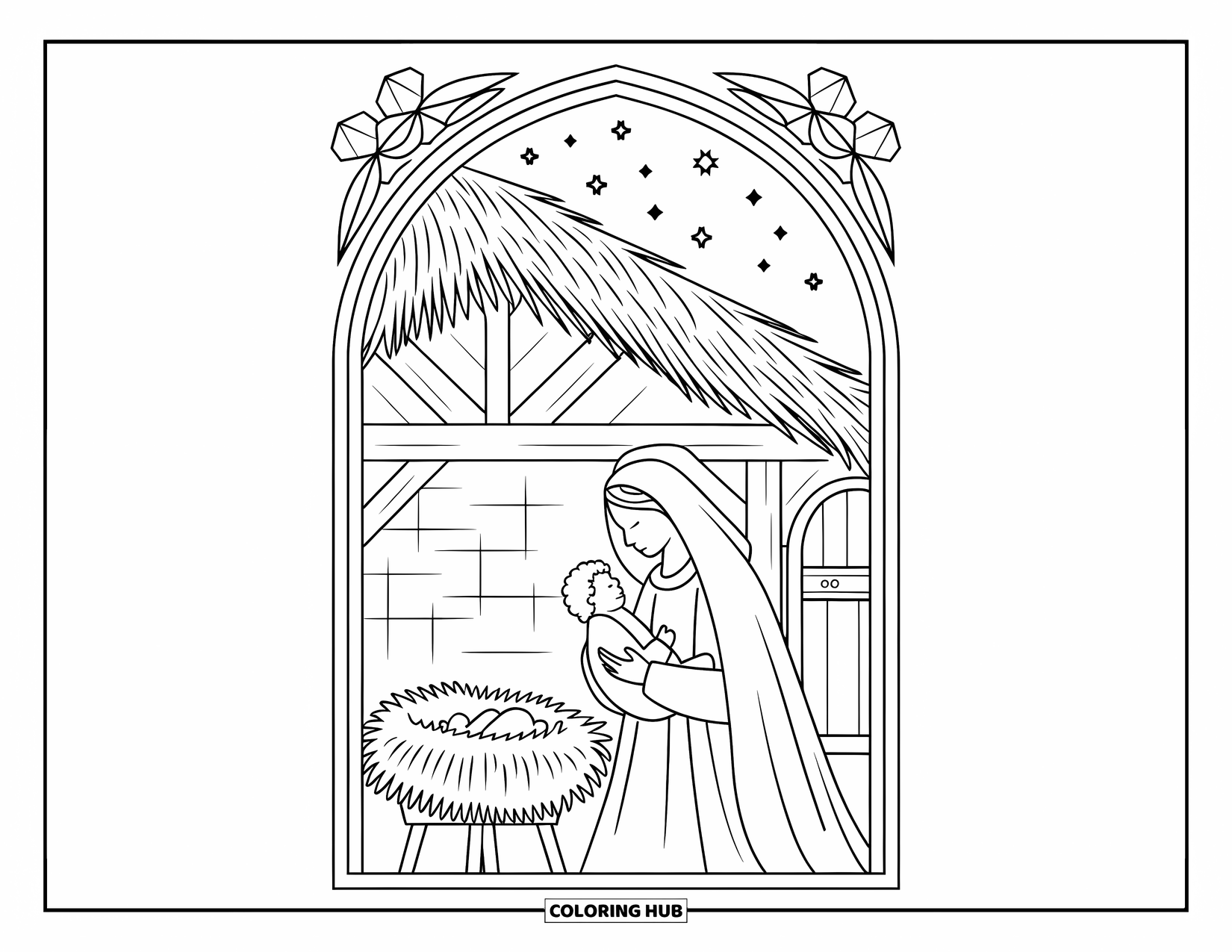 Nativity Coloring Page for Adults: Mary lovingly holds baby Jesus in a stable beneath a starry sky