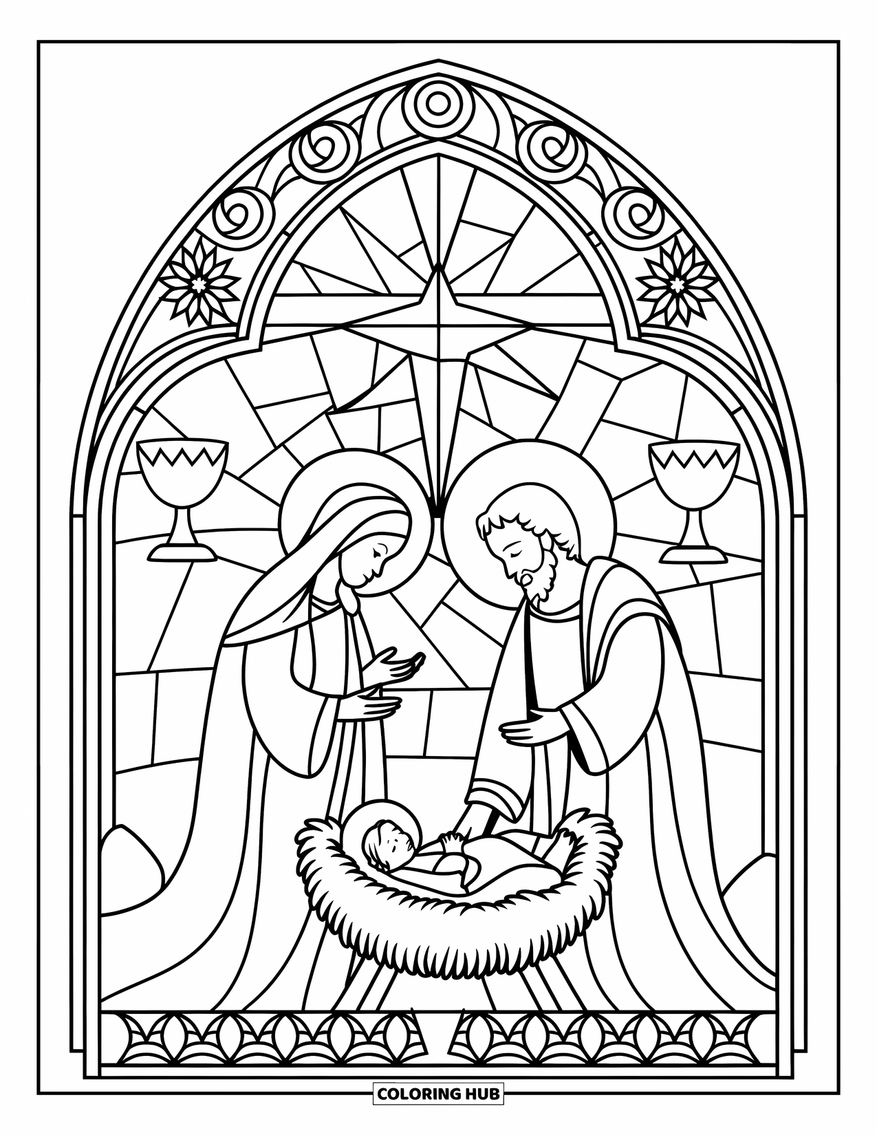 Nativity Coloring Page for Adults: The Holy Family rests under a patterned arch filled with sacred designs