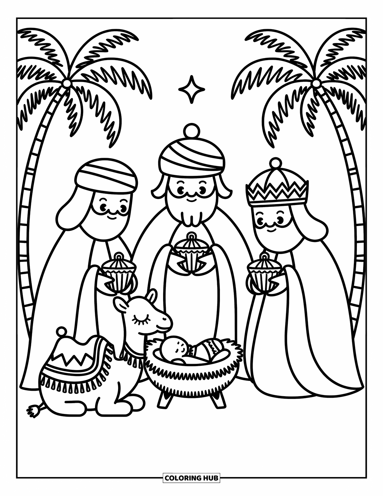 Nativity Coloring Page for Adults: The three wise men present gifts to baby Jesus as a camel rests nearby