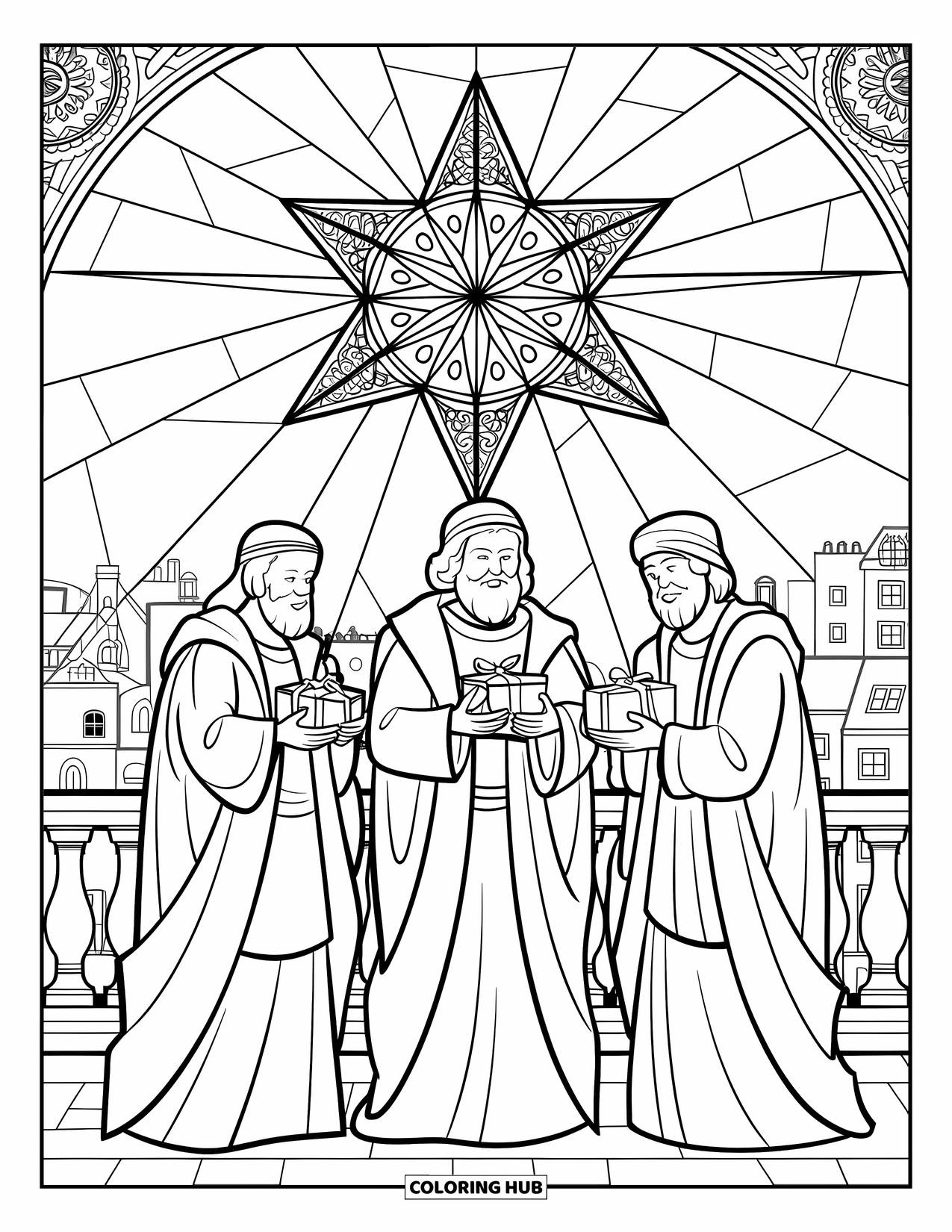 Nativity Coloring Page for Adults: Three wise men present gifts beneath a glowing stained glass star