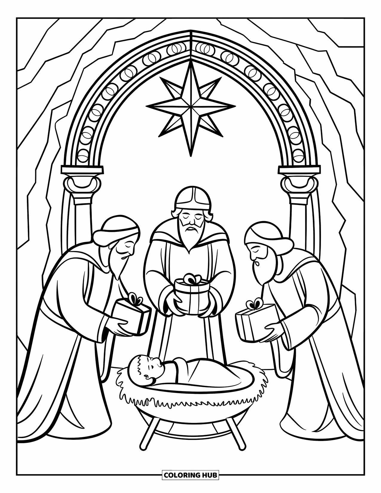 Nativity Coloring Page for Adults: Wise men present gifts to baby Jesus beneath a shining stained glass star