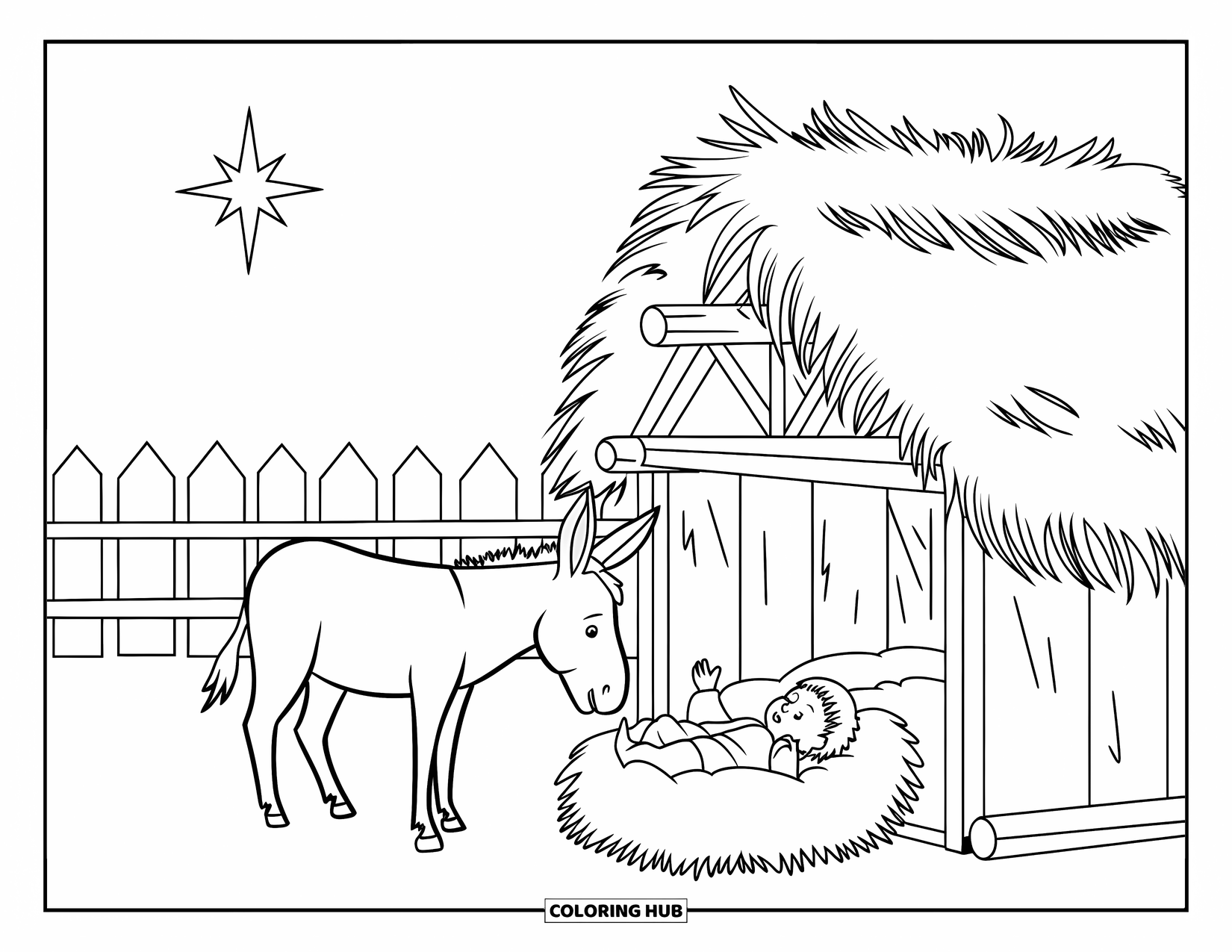 Nativity Coloring Page for Kids: A donkey looks at baby Jesus resting peacefully in the stable