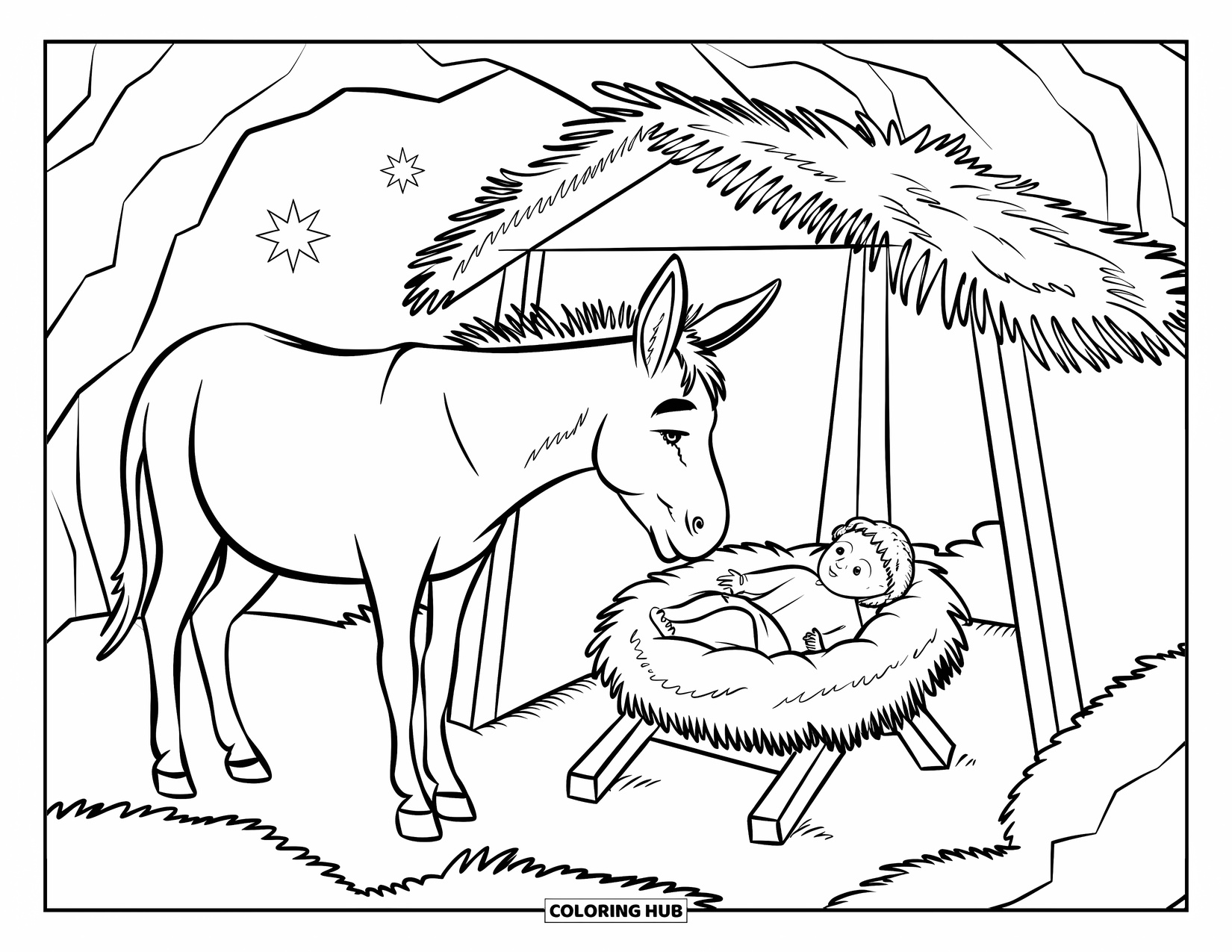 Nativity Coloring Page for Kids: A donkey stands near baby Jesus beneath a quiet night sky
