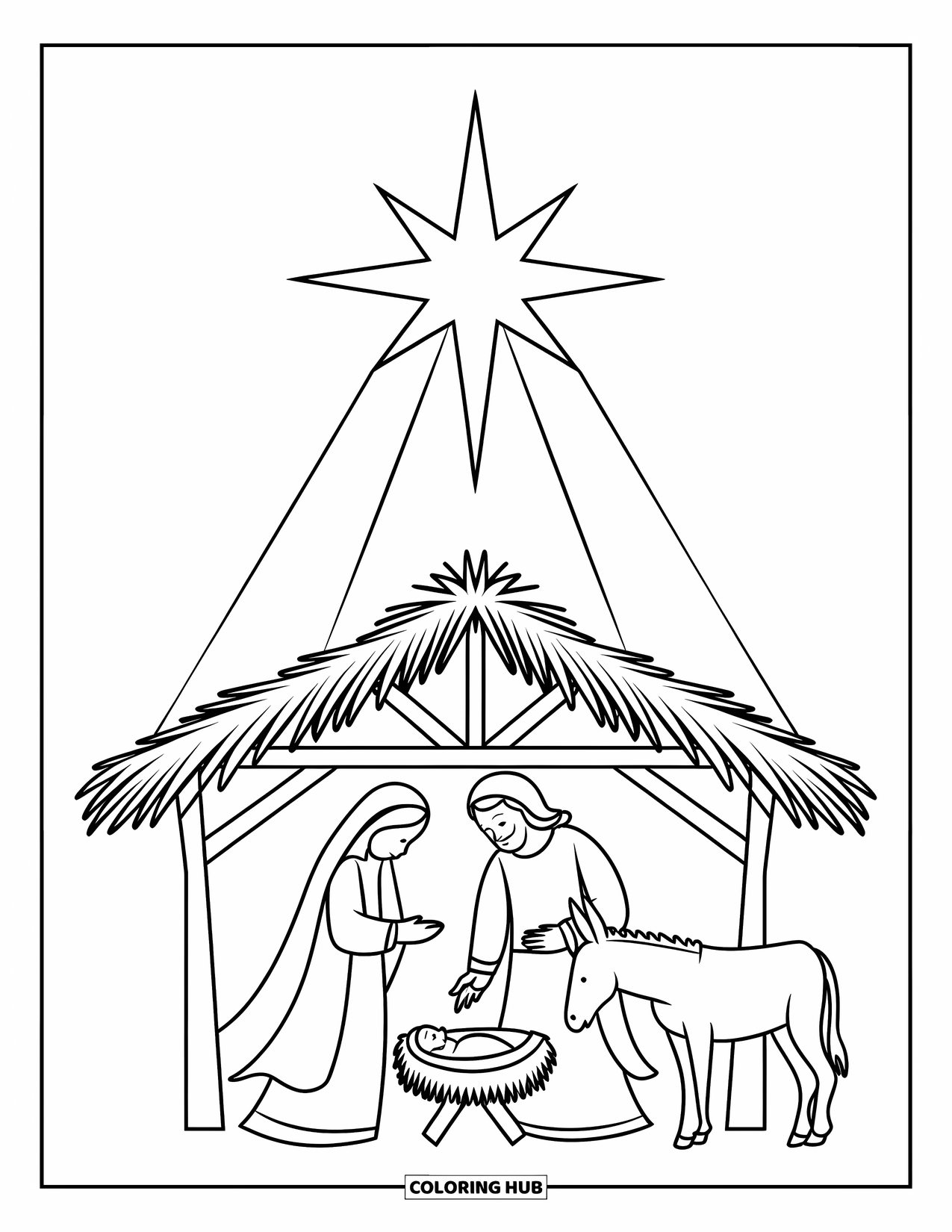 Nativity Coloring Page for Kids: A family stands by the manger as a bright star glows above