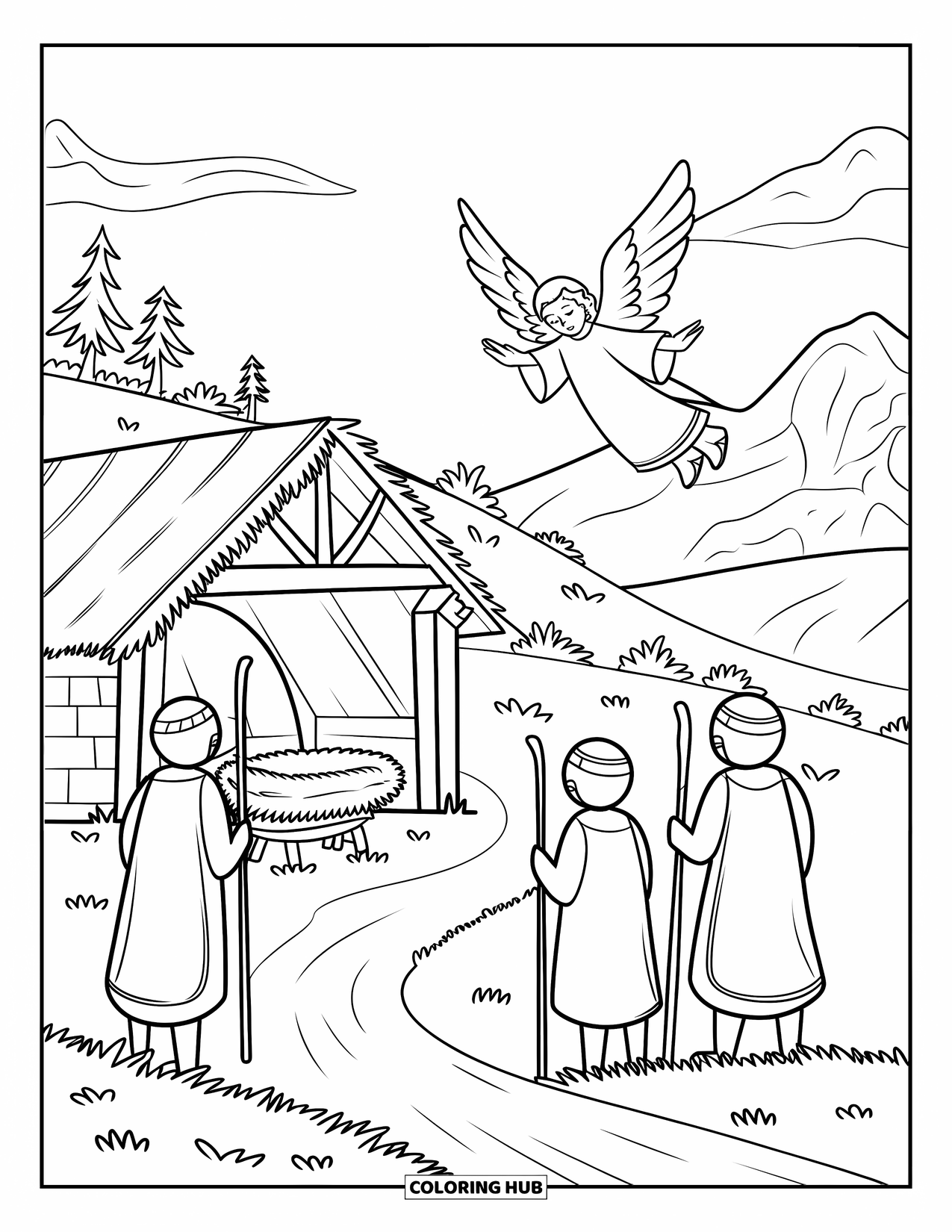Nativity Coloring Page for Kids: A heavenly angel appears above shepherds watching over the peaceful hillside