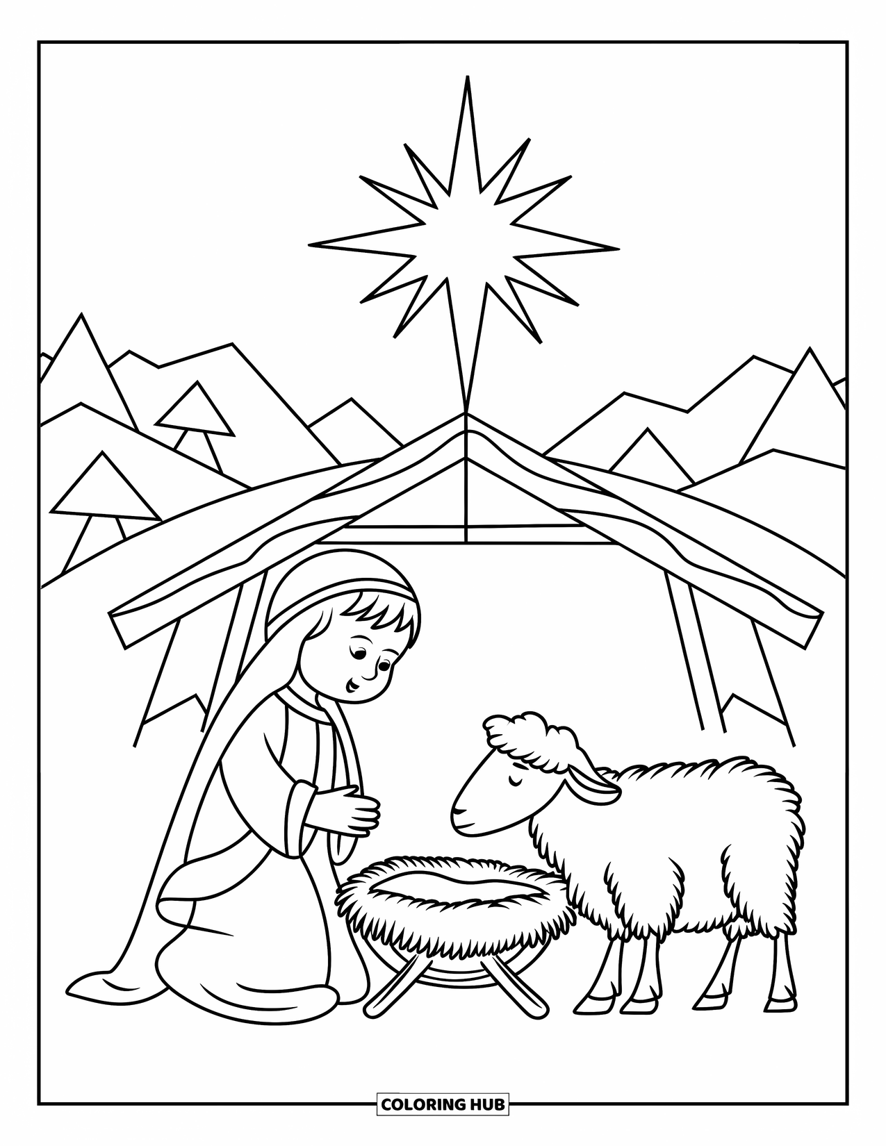 Nativity Coloring Page for Kids: A shepherd holds a lamb near the manger under a starlit sky