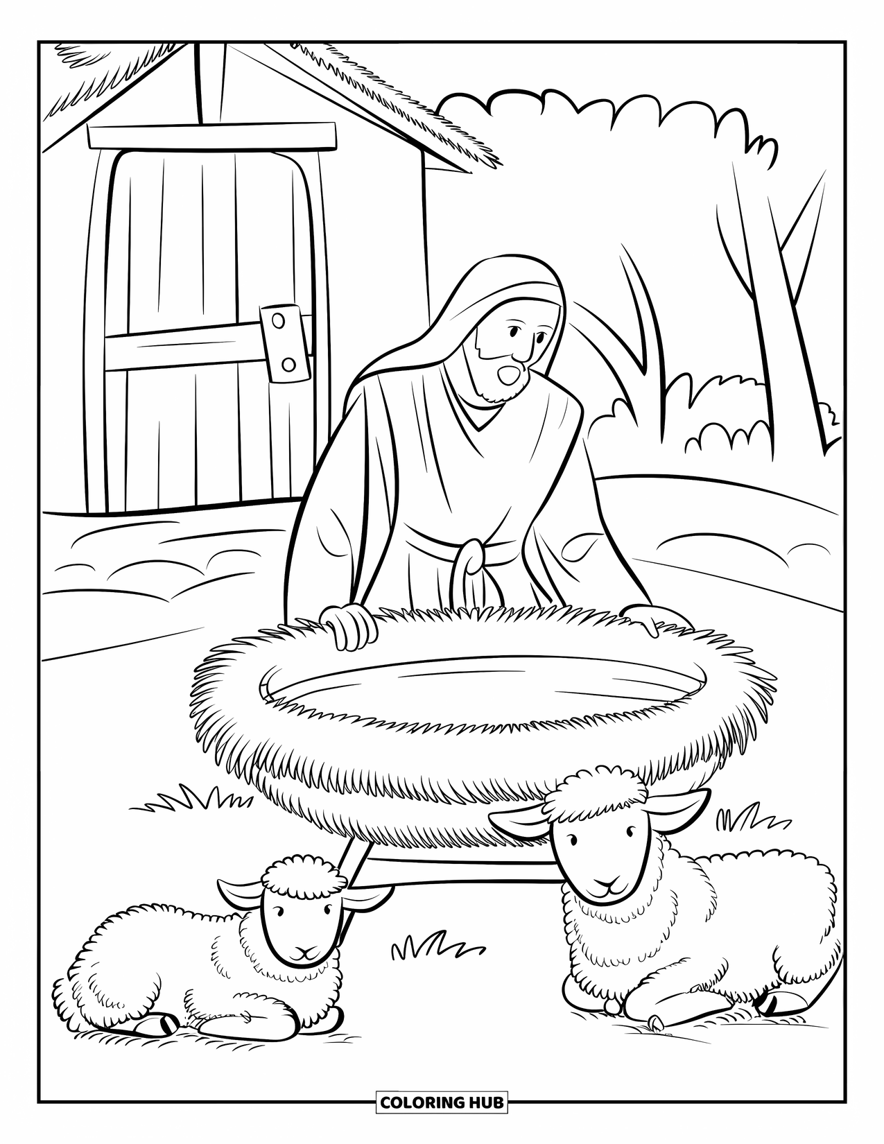 Nativity Coloring Page for Kids: A shepherd kneels beside an empty manger near a quiet stable