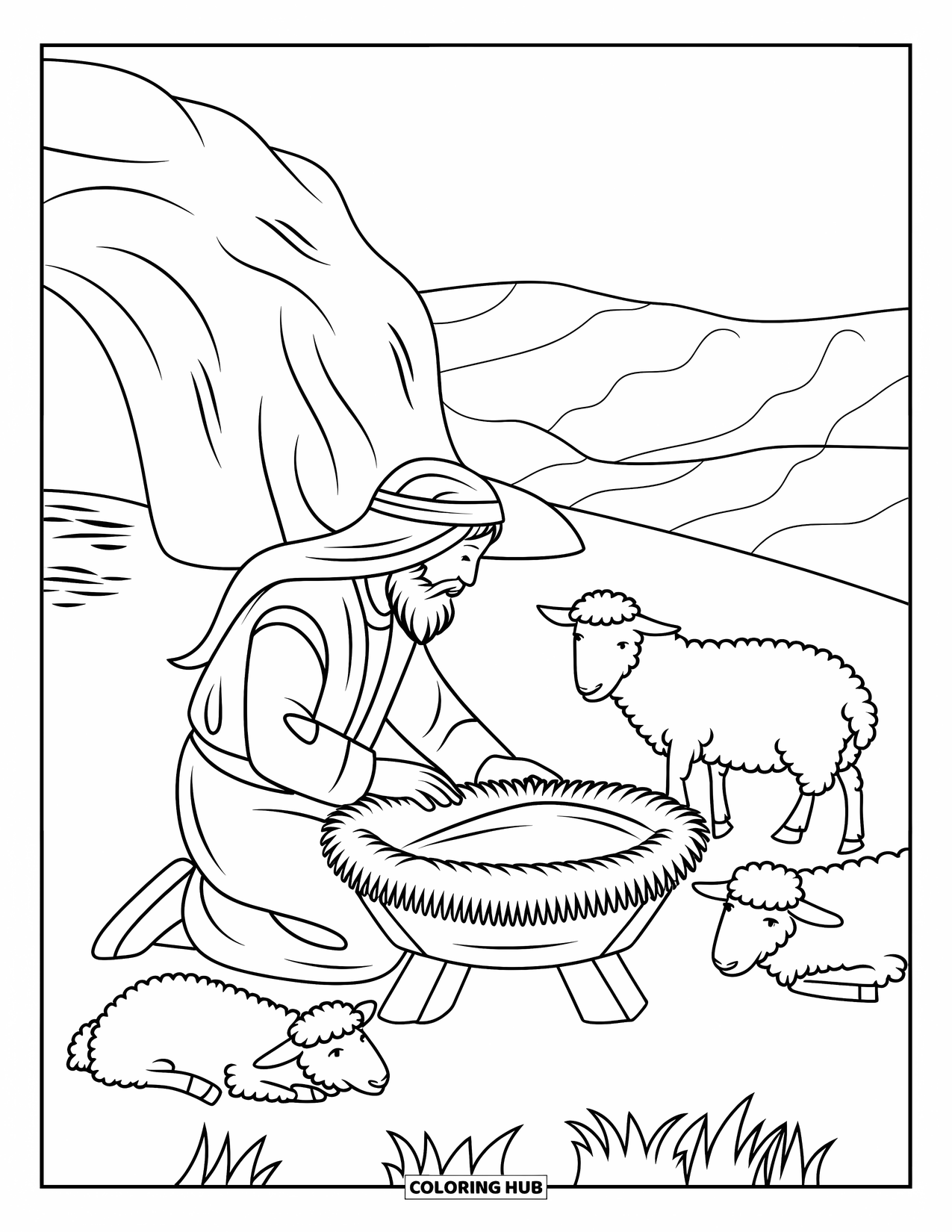 Nativity Coloring Page for Kids: A shepherd kneels by the manger surrounded by calm, resting sheep