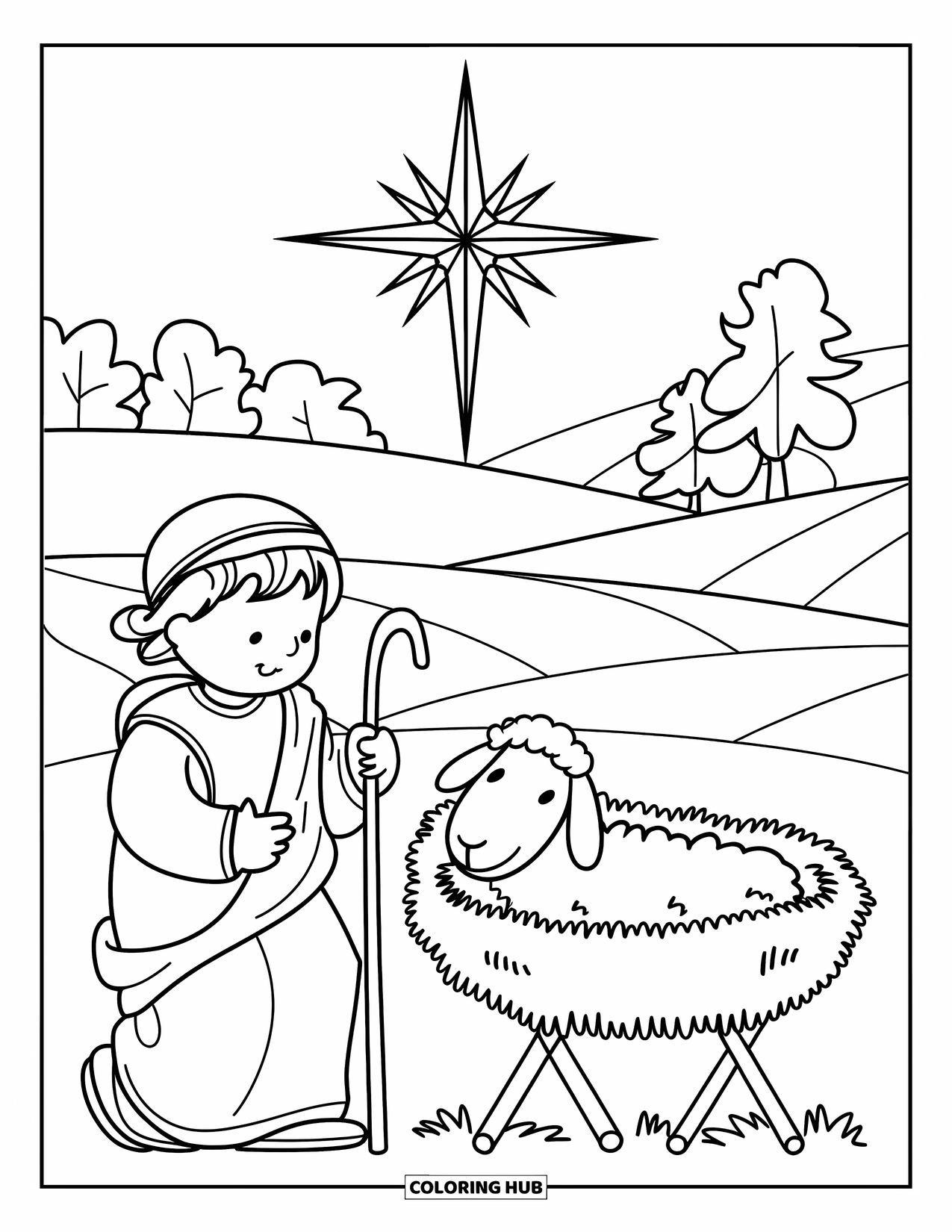 Nativity Coloring Page for Kids: A shepherd stands near the manger with a sheep under a glowing star