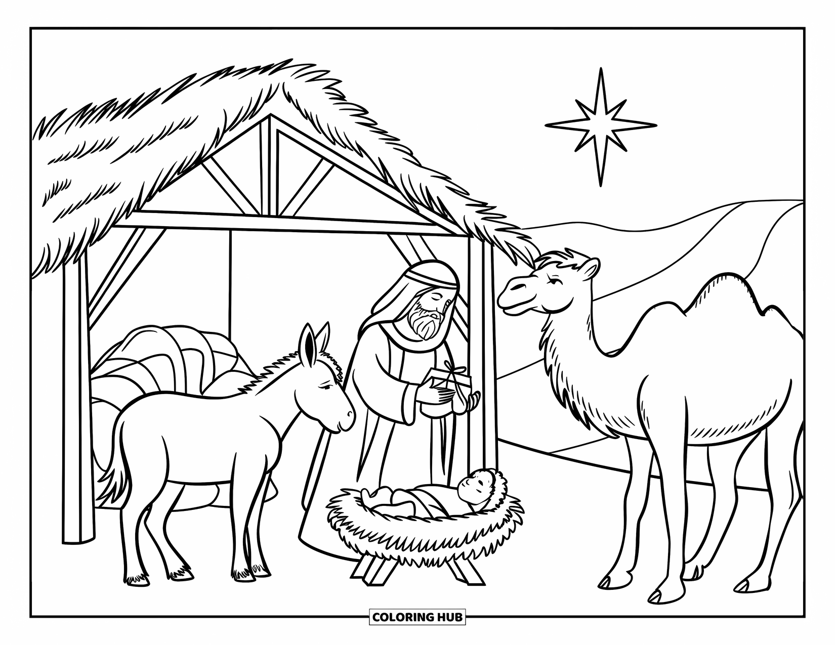 Nativity Coloring Page for Kids: A wise man offers a gift to baby Jesus beneath a glowing star