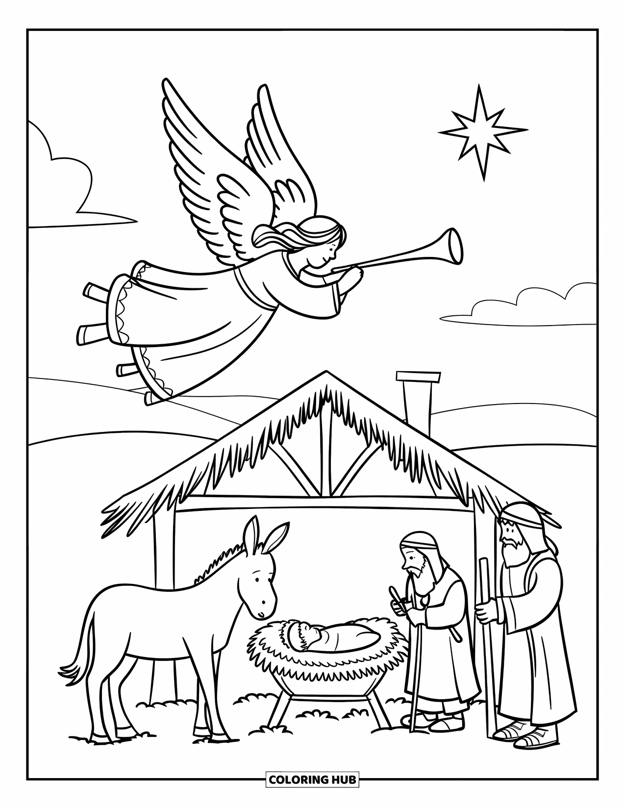 Nativity Coloring Page for Kids: An angel blows a trumpet above the manger beneath a starry sky
