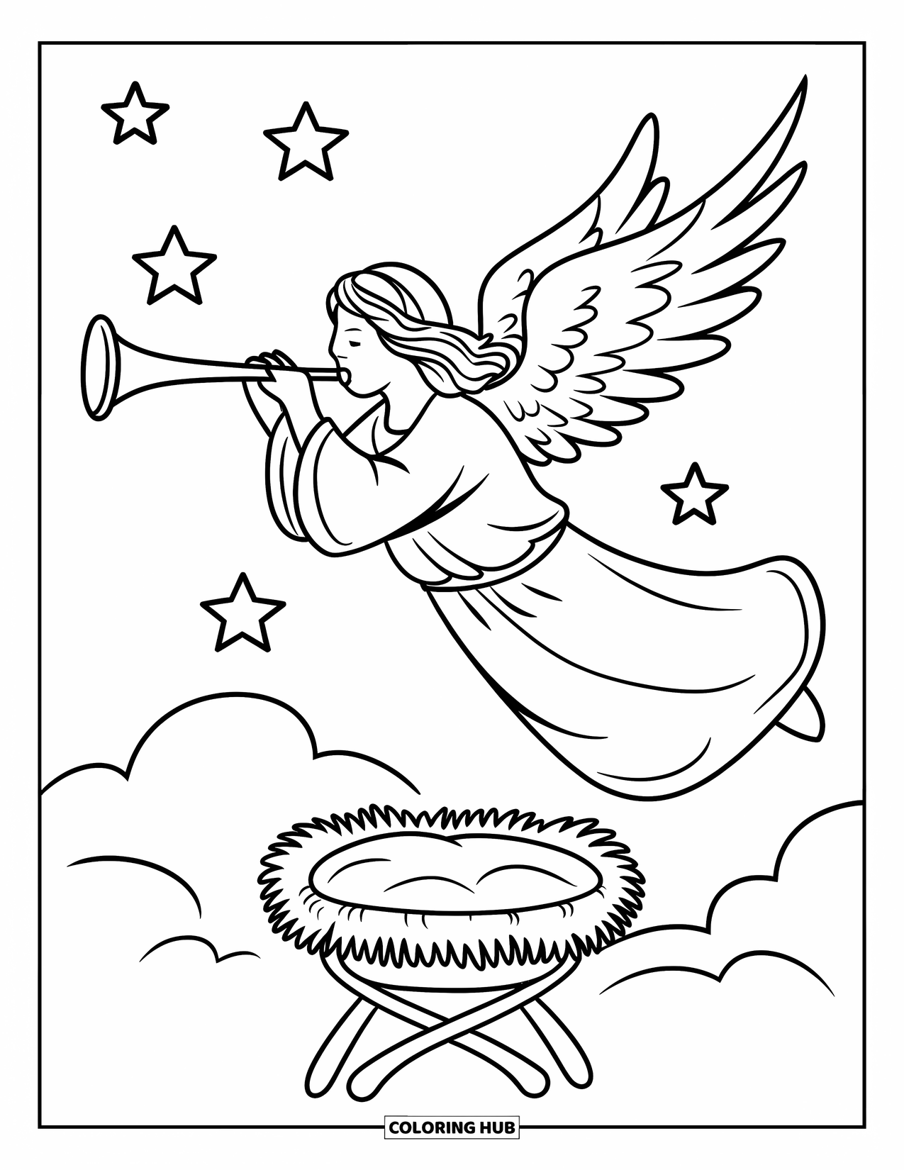 Nativity Coloring Page for Kids: An angel blows a trumpet above the manger under a sky full of stars