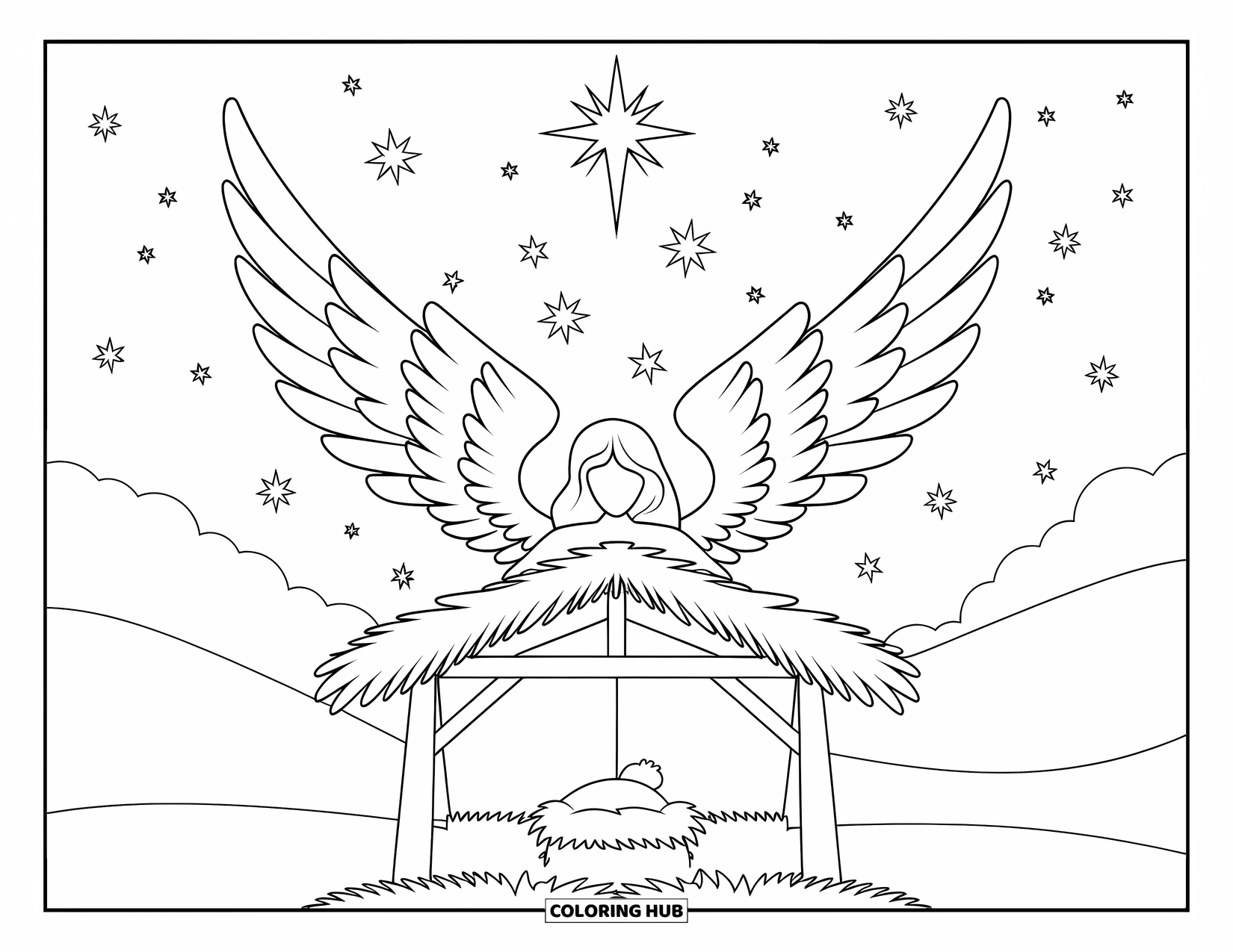 Nativity Coloring Page for Kids: An angel spreads its wings above a peaceful stable under a starry night sky