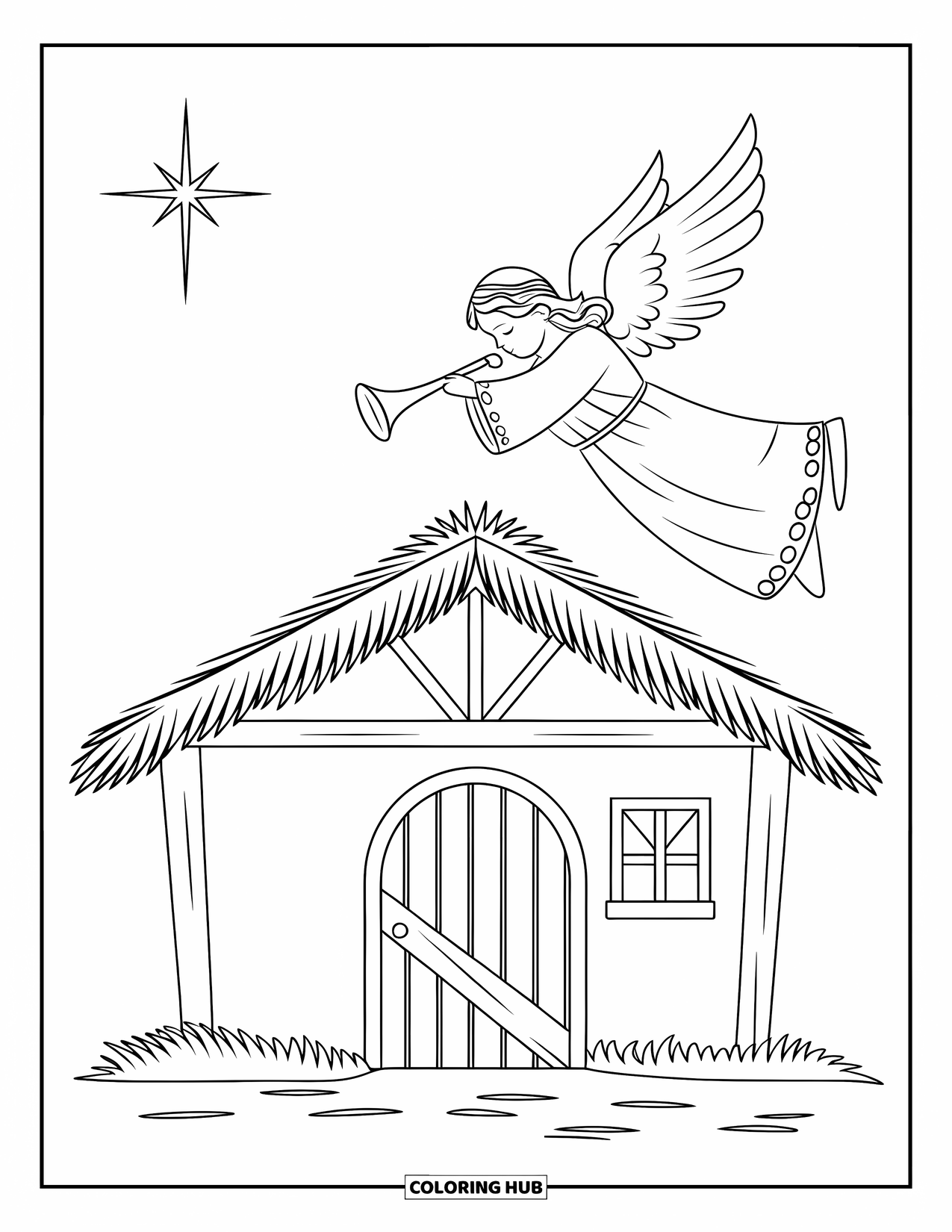 Nativity Coloring Page for Kids: An angel with a trumpet hovers over a cozy stable under a star