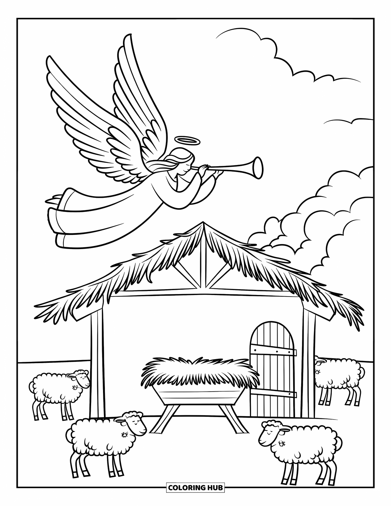 Nativity Coloring Page for Kids: An angel with wings and trumpet soars above the manger and sheep