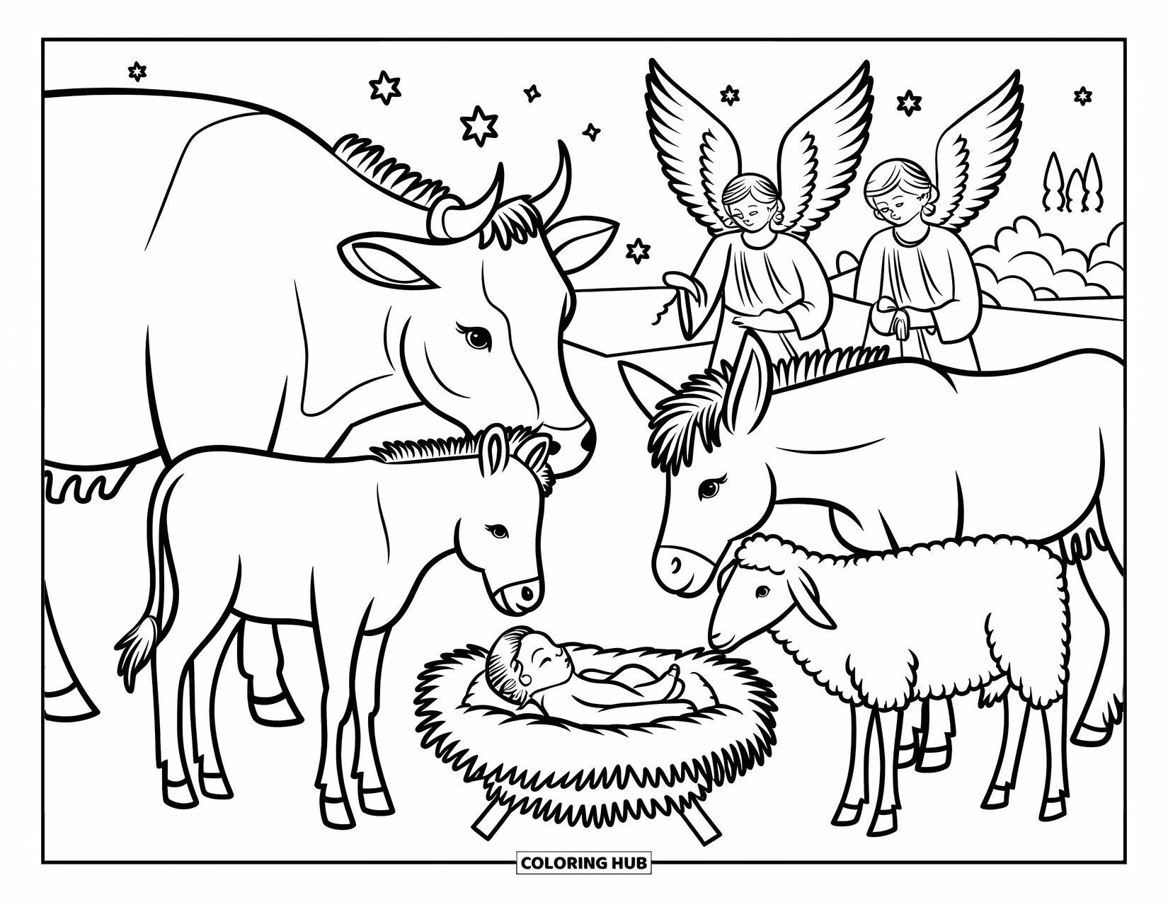 Nativity Coloring Page for Kids: Angels watch over baby Jesus as animals gather near the manger