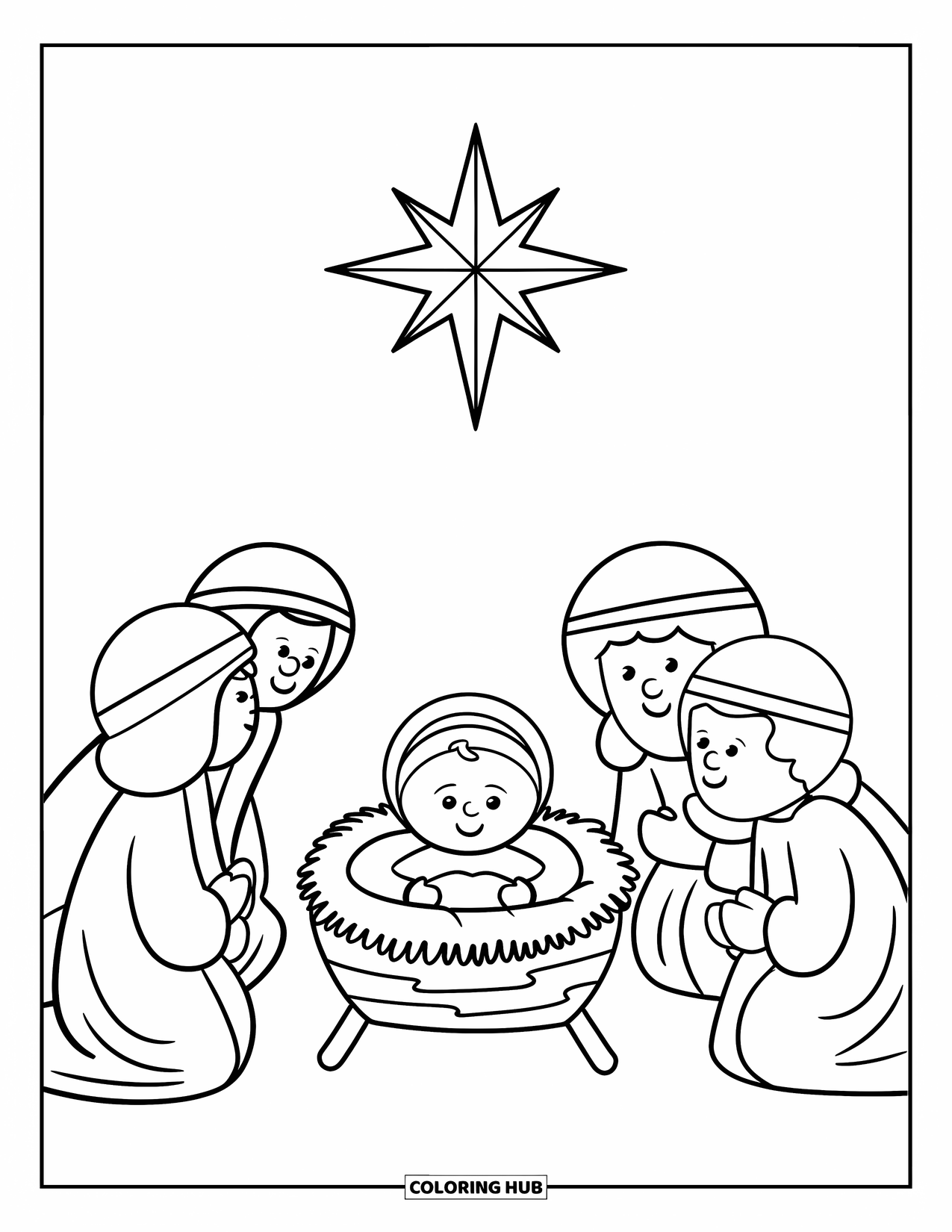 Nativity Coloring Page for Kids: Baby Jesus rests in a manger under a smiling star as wise men kneel