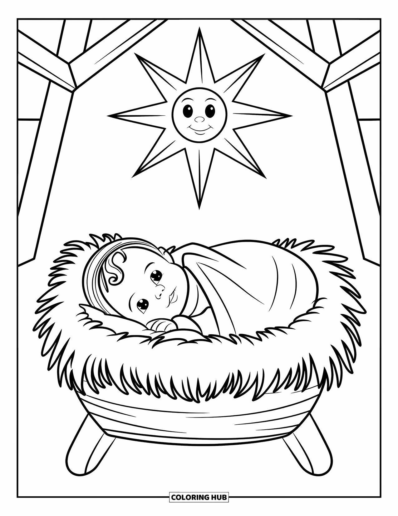 Nativity Coloring Page for Kids: Baby Jesus rests in a manger under a smiling star