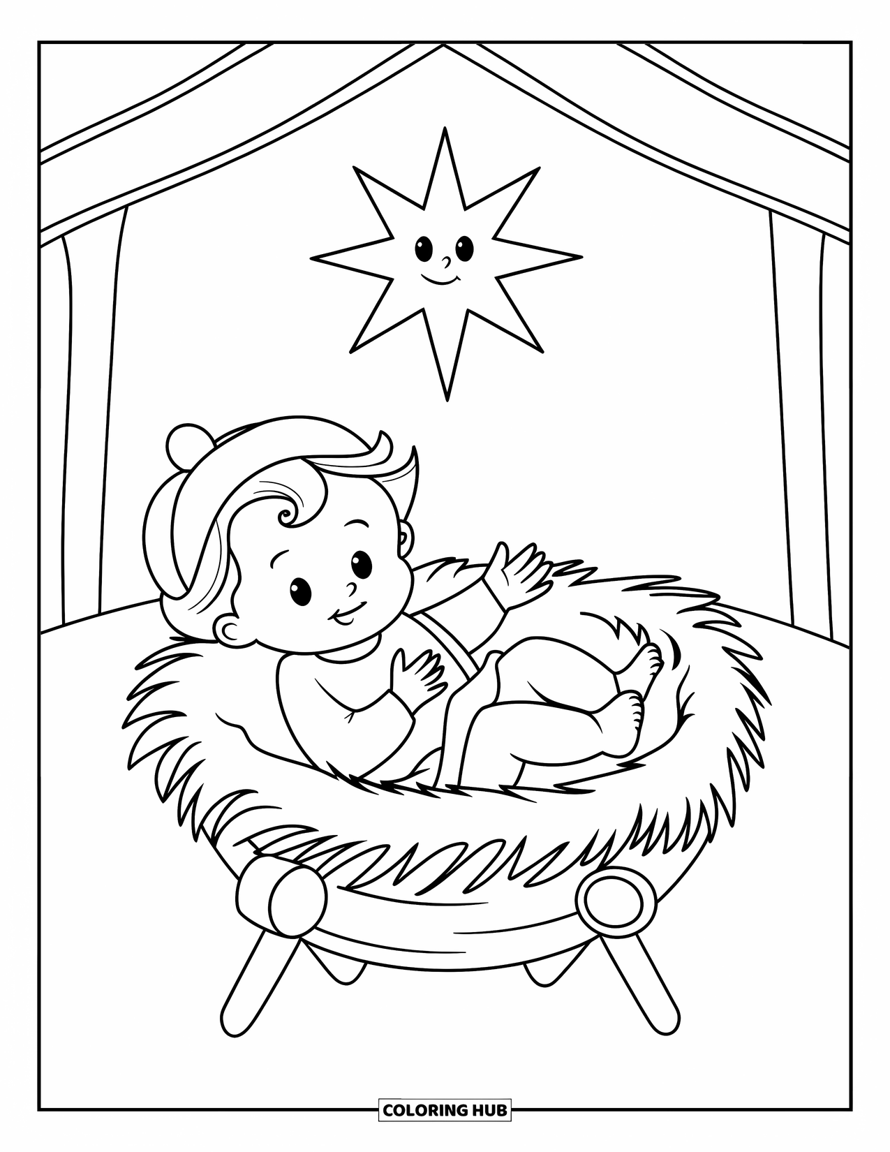 Nativity Coloring Page for Kids: Baby Jesus sleeps peacefully in a manger under a smiling star