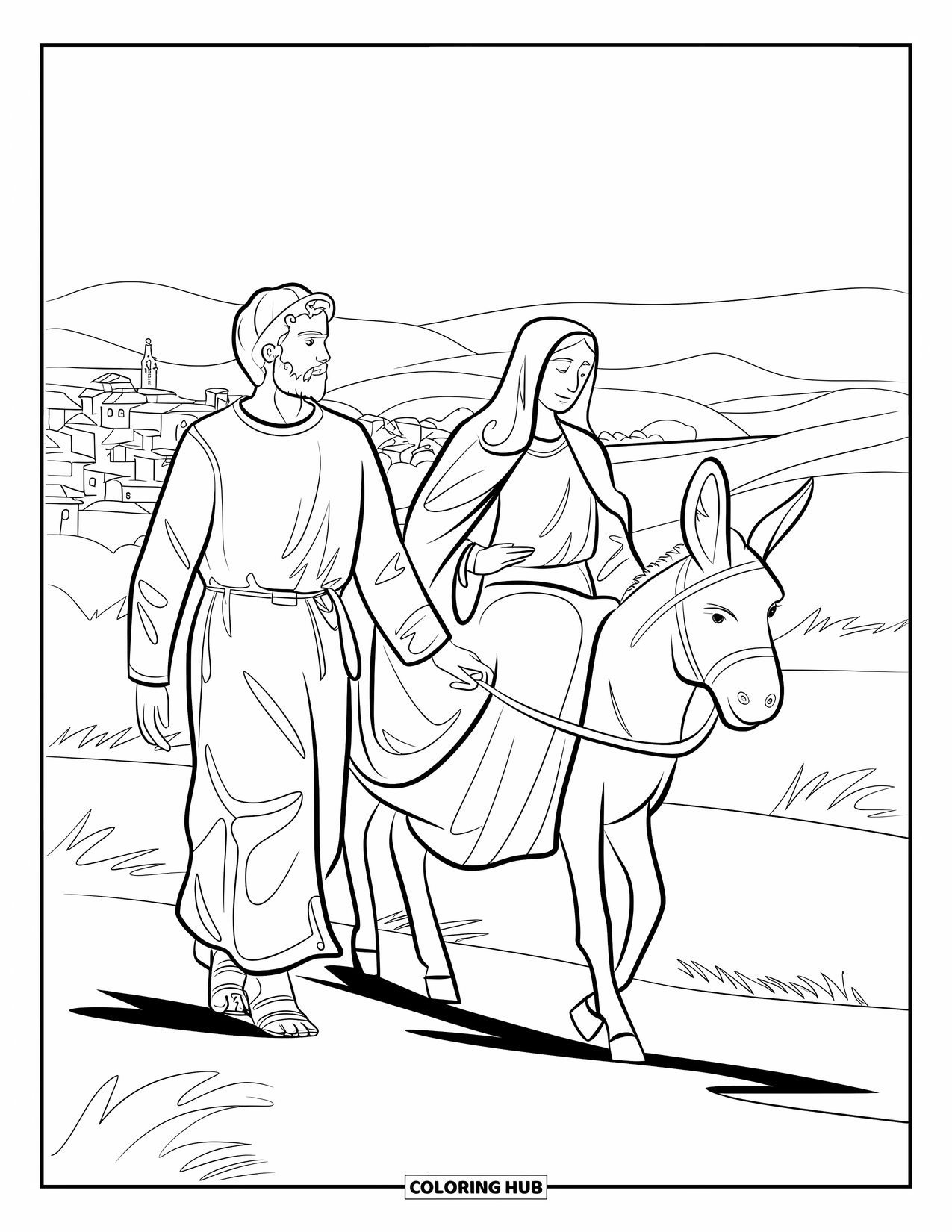Nativity Coloring Page for Kids: Joseph guides Mary on a donkey across the hills to Bethlehem