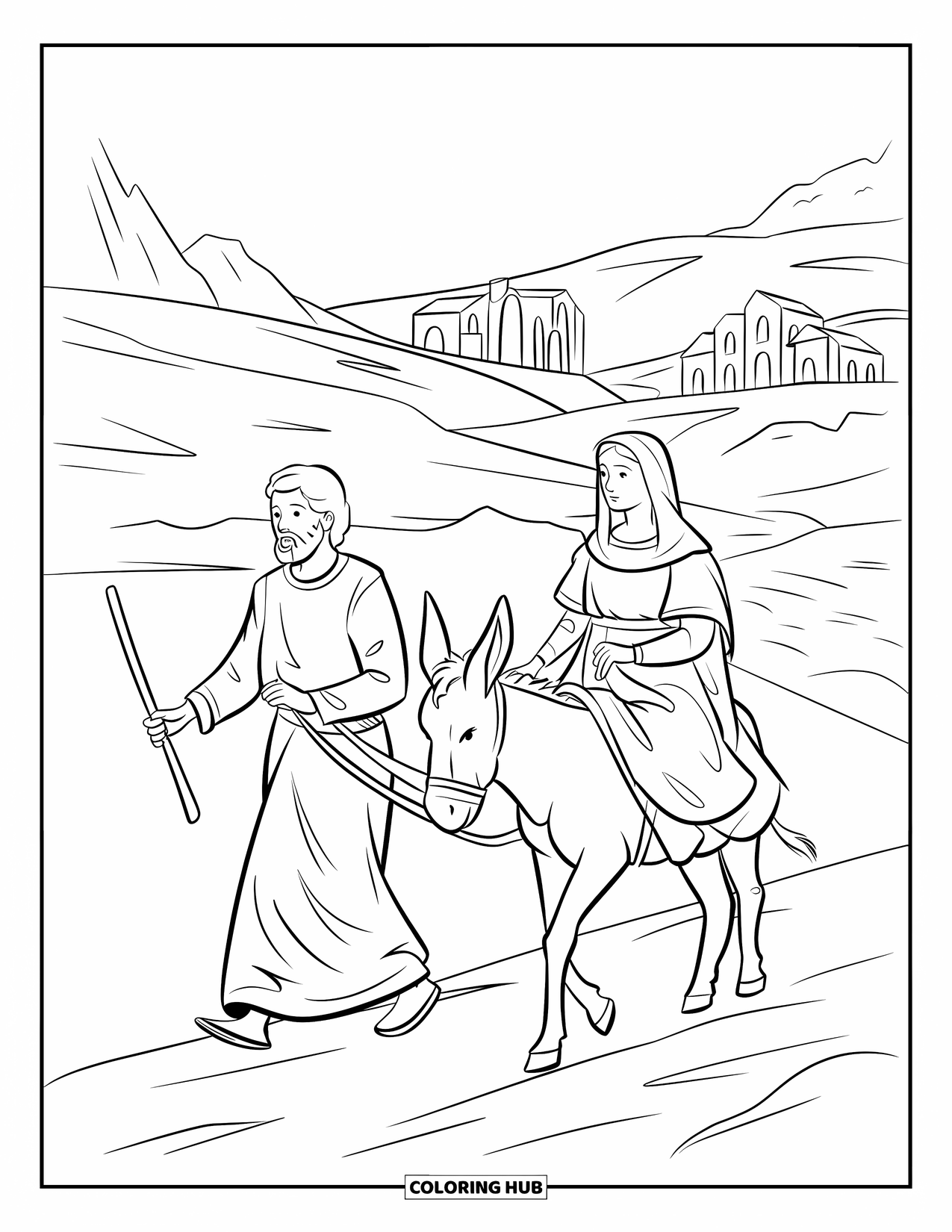 Nativity Coloring Page for Kids: Joseph leads Mary on a donkey toward the lights of Bethlehem