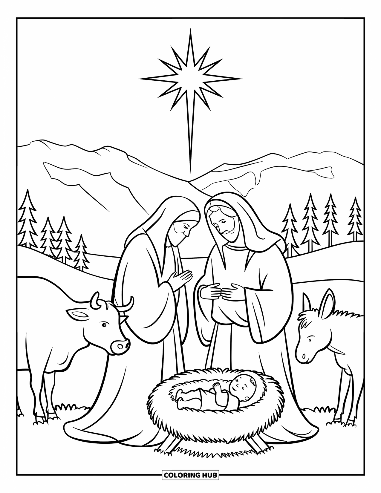 Nativity Coloring Page for Kids: Mary and Joseph stand by baby Jesus under a shining star