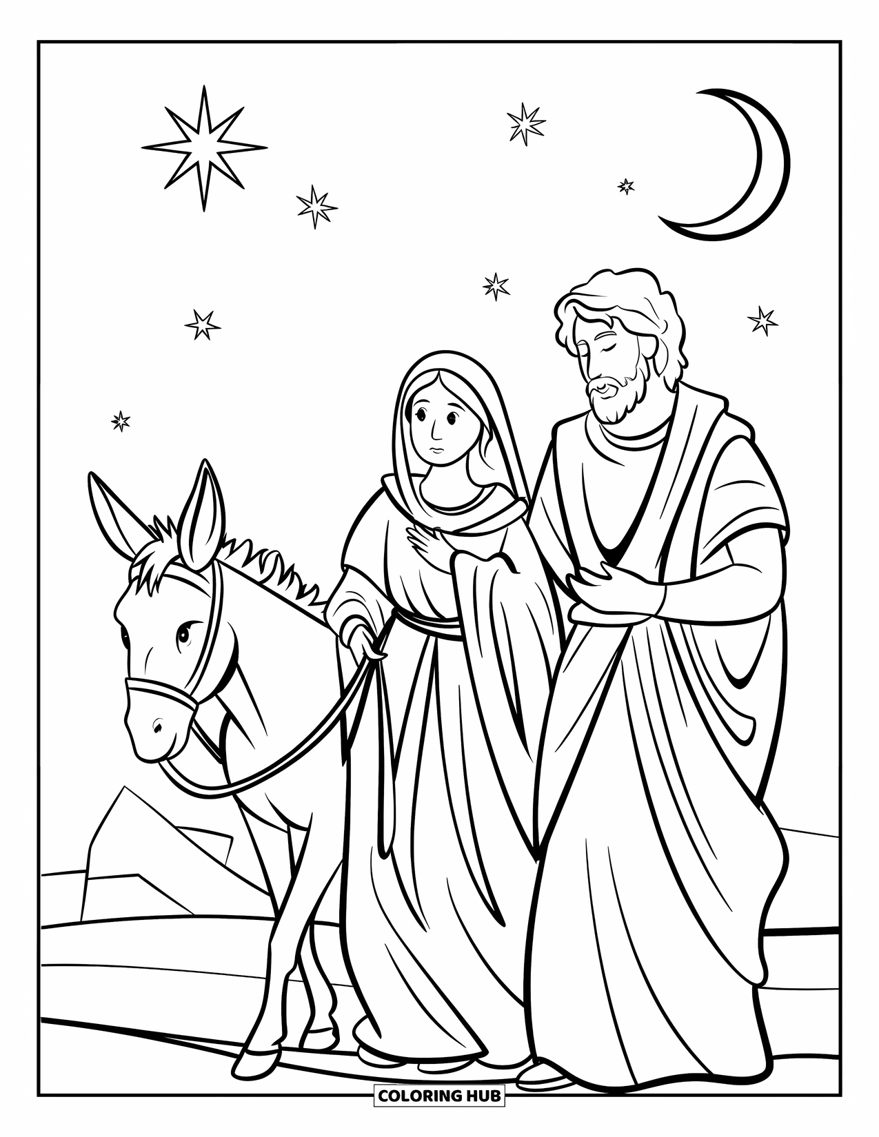 Nativity Coloring Page for Kids: Mary and Joseph walk with a donkey under a starlit sky
