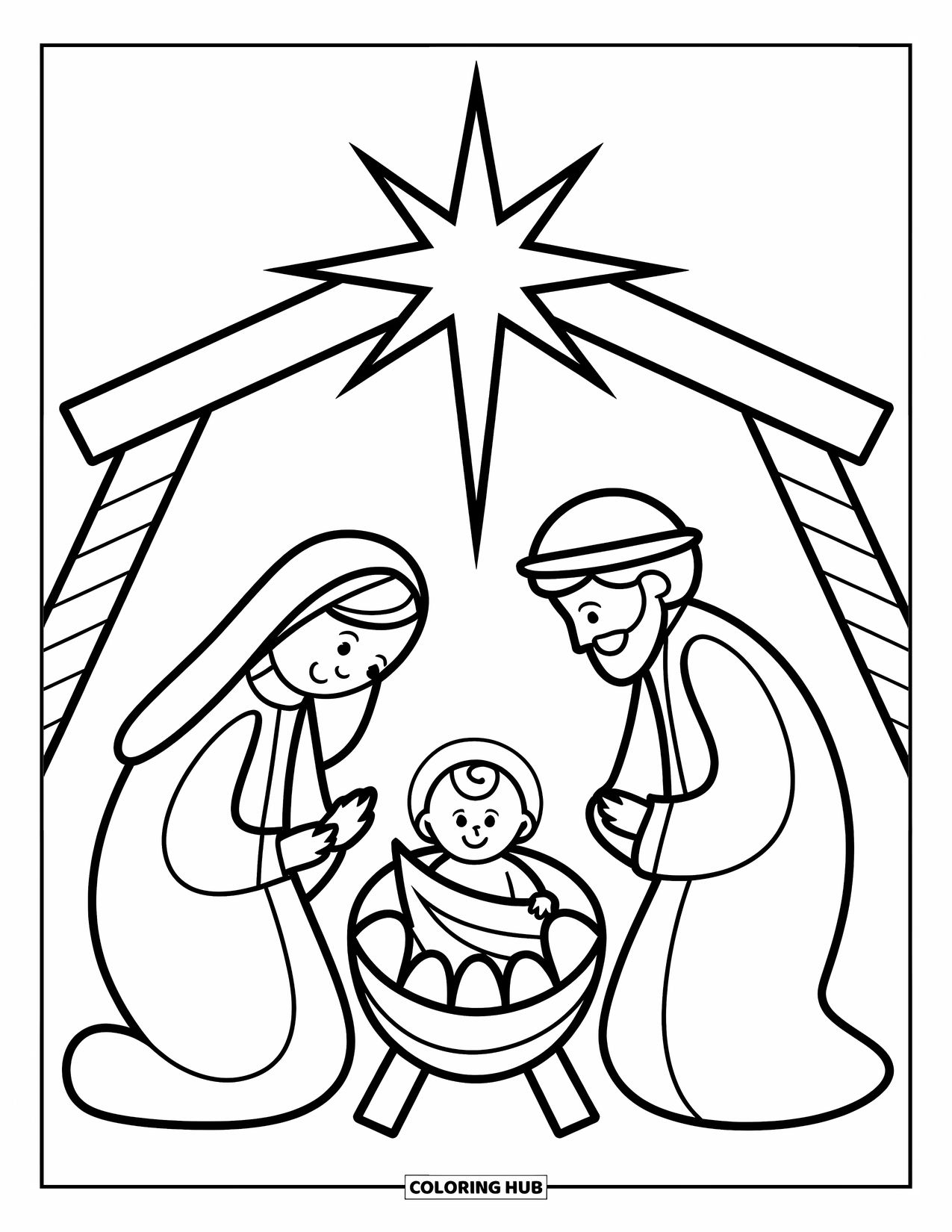 Nativity Coloring Page for Kids: Mary and Joseph watch over baby Jesus under a peaceful night sky