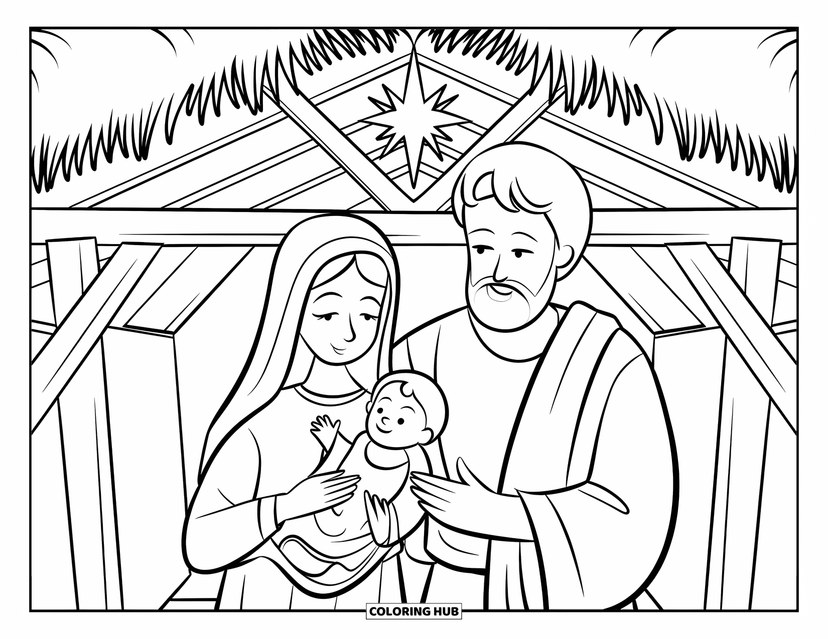 Nativity Coloring Page for Kids: Mary holds baby Jesus as Joseph stands by beneath a bright star