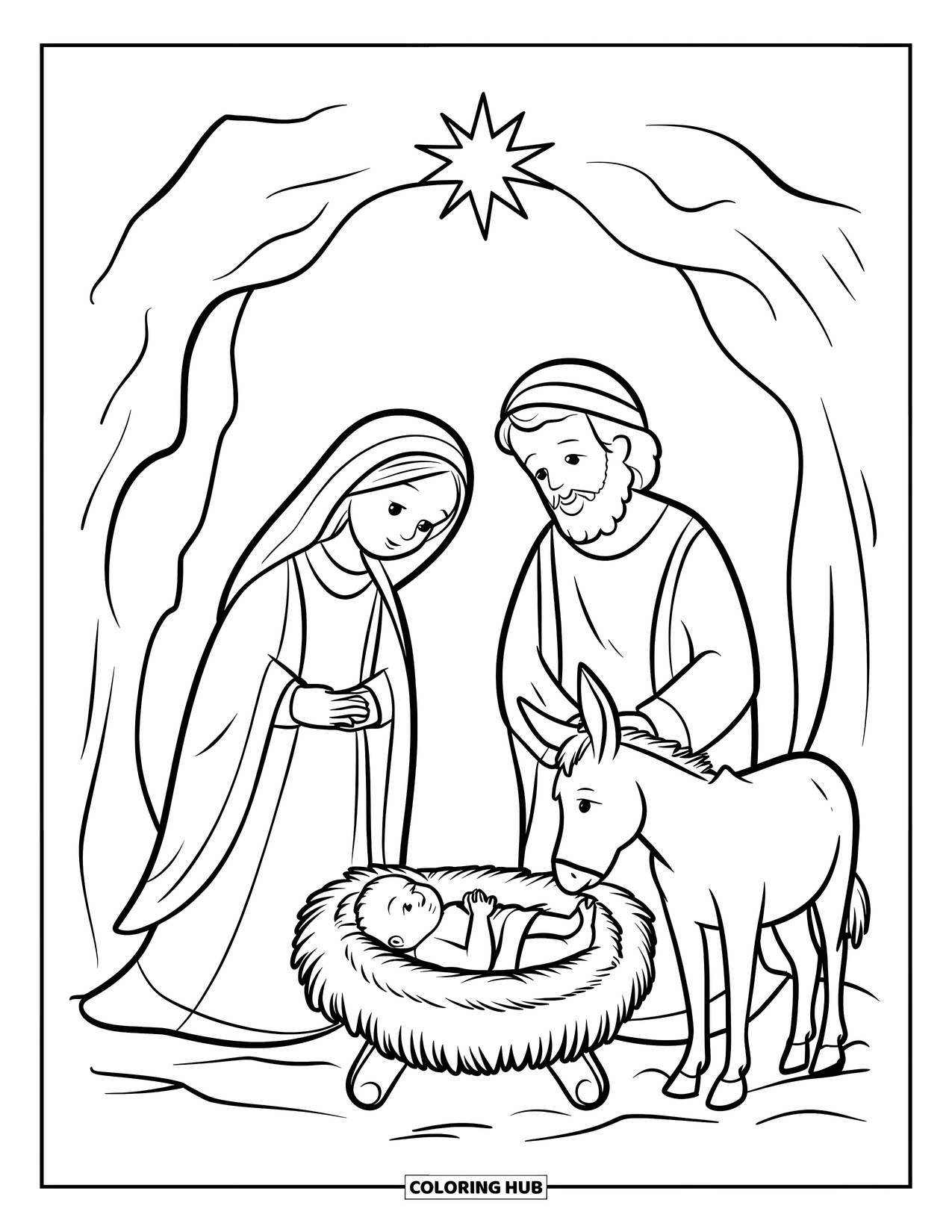 Nativity Coloring Page for Kids: Mary, Joseph, and baby Jesus rest near a donkey inside a cave