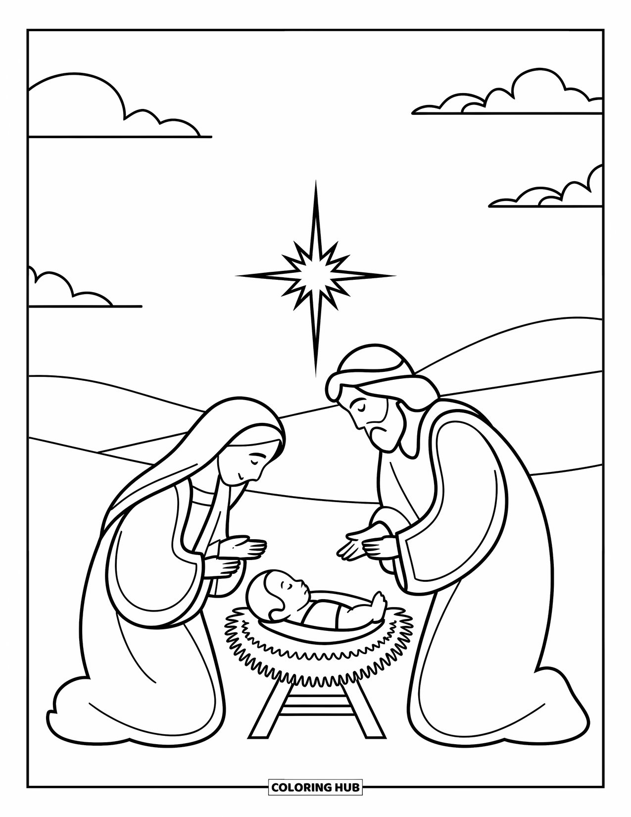 Nativity Coloring Page for Kids: Mary, Joseph, and baby Jesus sit under a shining star in peace