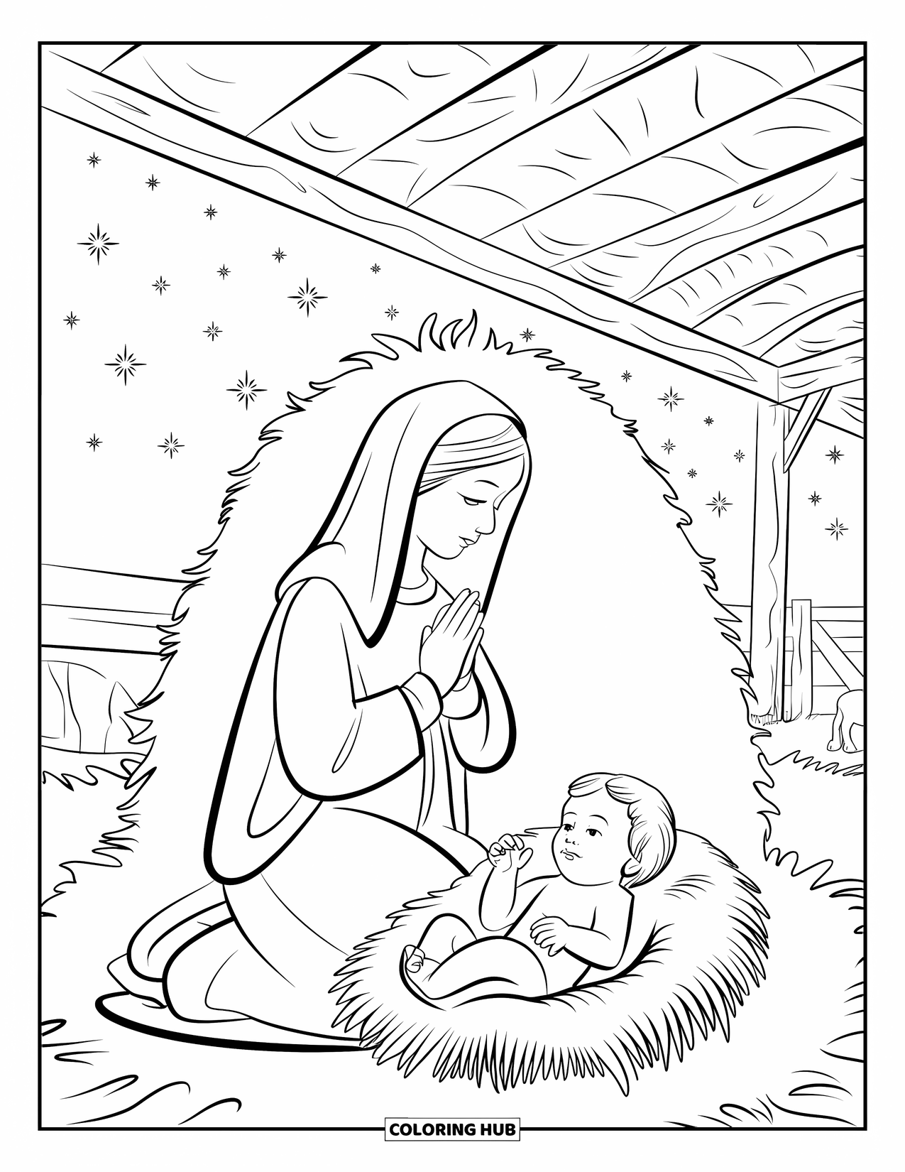 Nativity Coloring Page for Kids: Mary prays beside baby Jesus in a quiet barn beneath a starry sky
