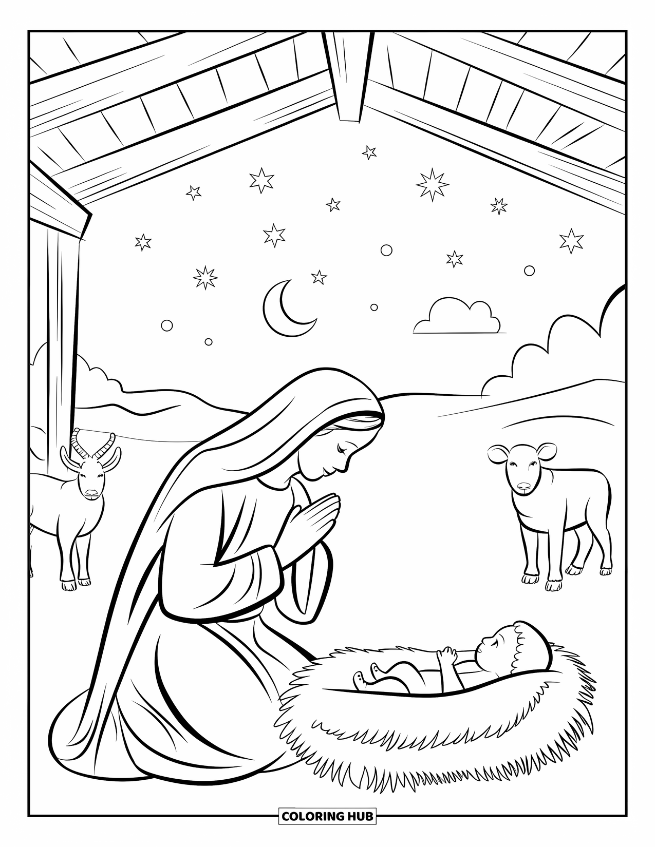 Nativity Coloring Page for Kids: Mary prays beside baby Jesus under a lantern glow and a starry night