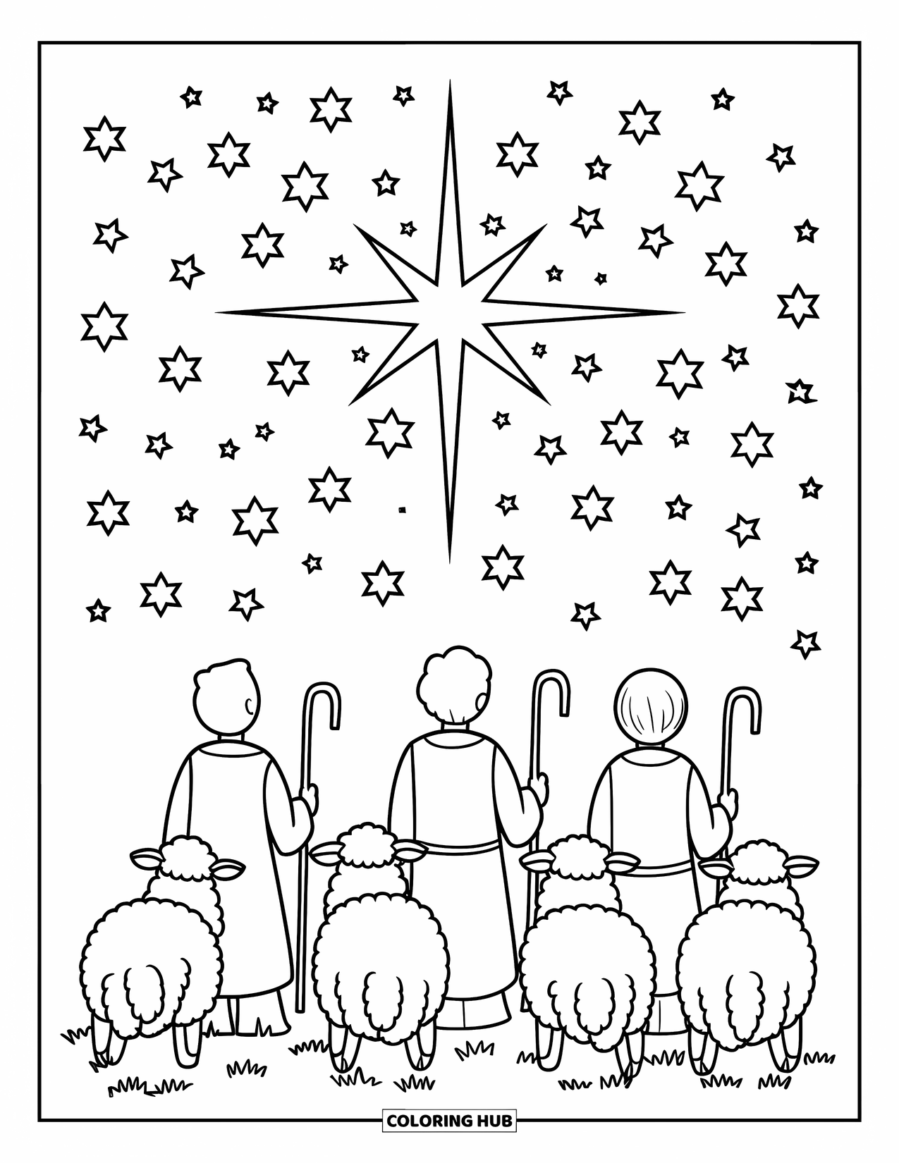 Nativity Coloring Page for Kids: Shepherds and sheep look up at a bright star in the sky