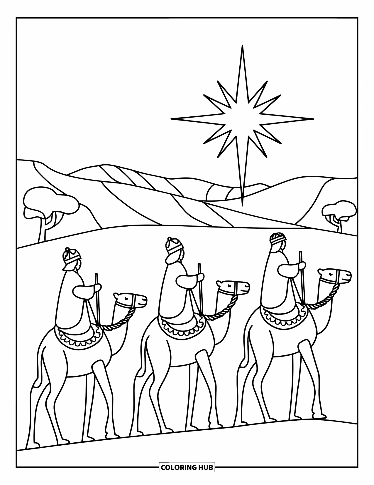 Nativity Coloring Page for Kids: Three kings ride camels with gifts under a glowing desert sky
