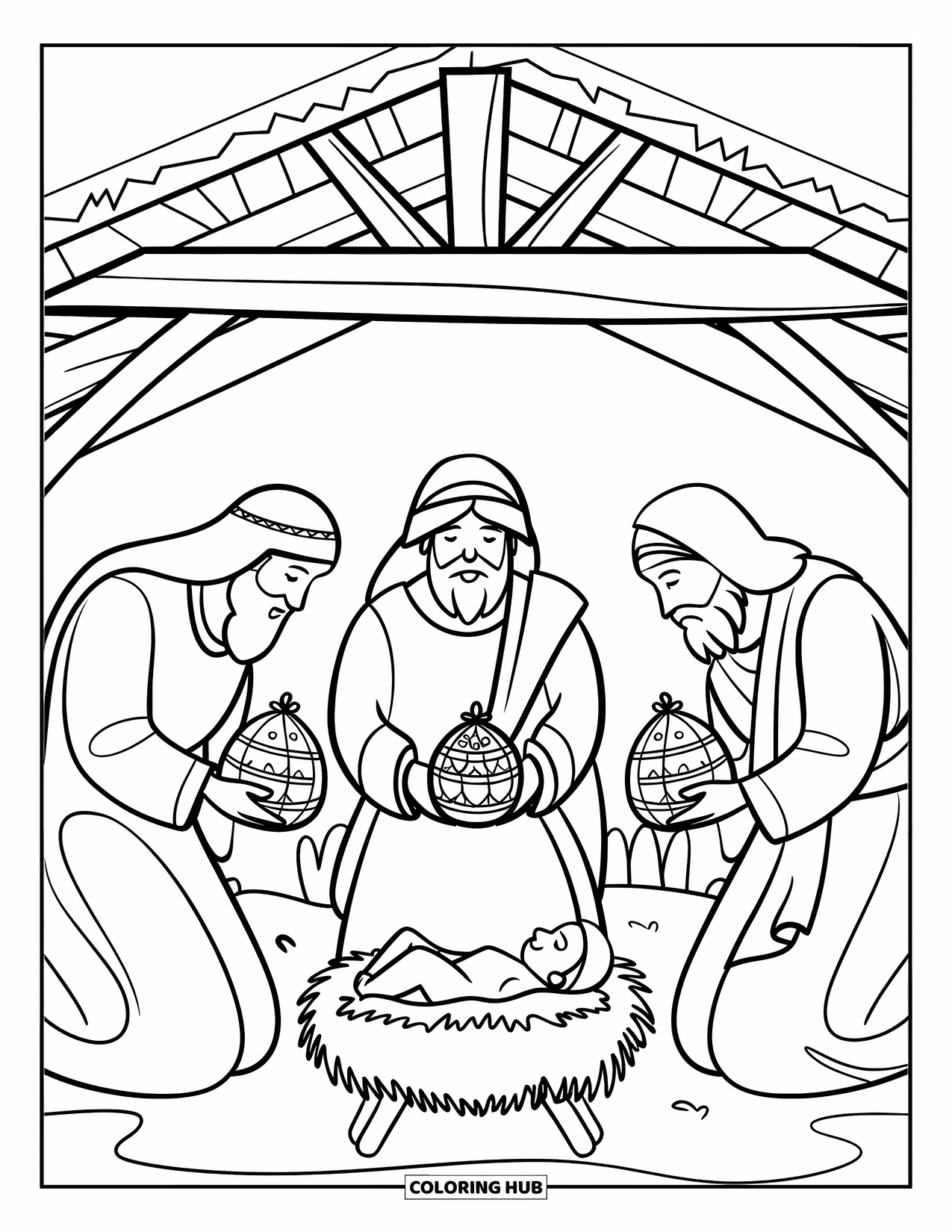 Nativity Coloring Page for Kids: Three wise men kneel before baby Jesus inside a warm, quiet stable