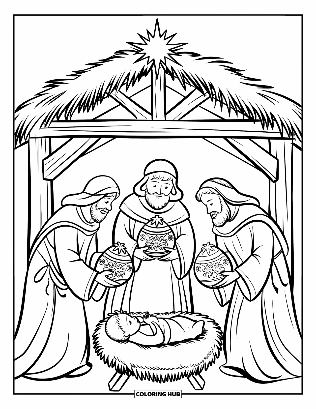 Nativity Coloring Page for Kids: Three wise men offer gifts to baby Jesus inside a humble wooden stable
