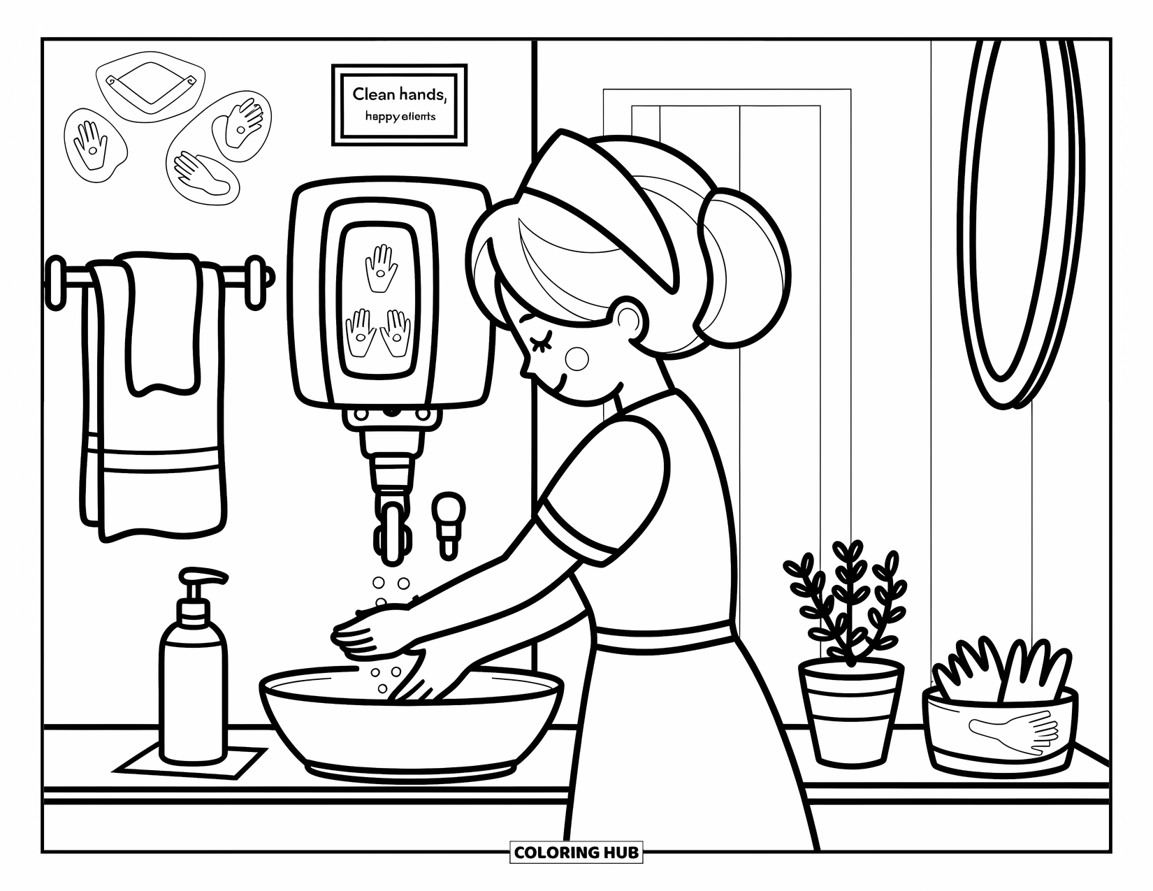 Nurse Coloring Page for Adults: A caring nurse cleans her hands under warm light beside a tidy counter
